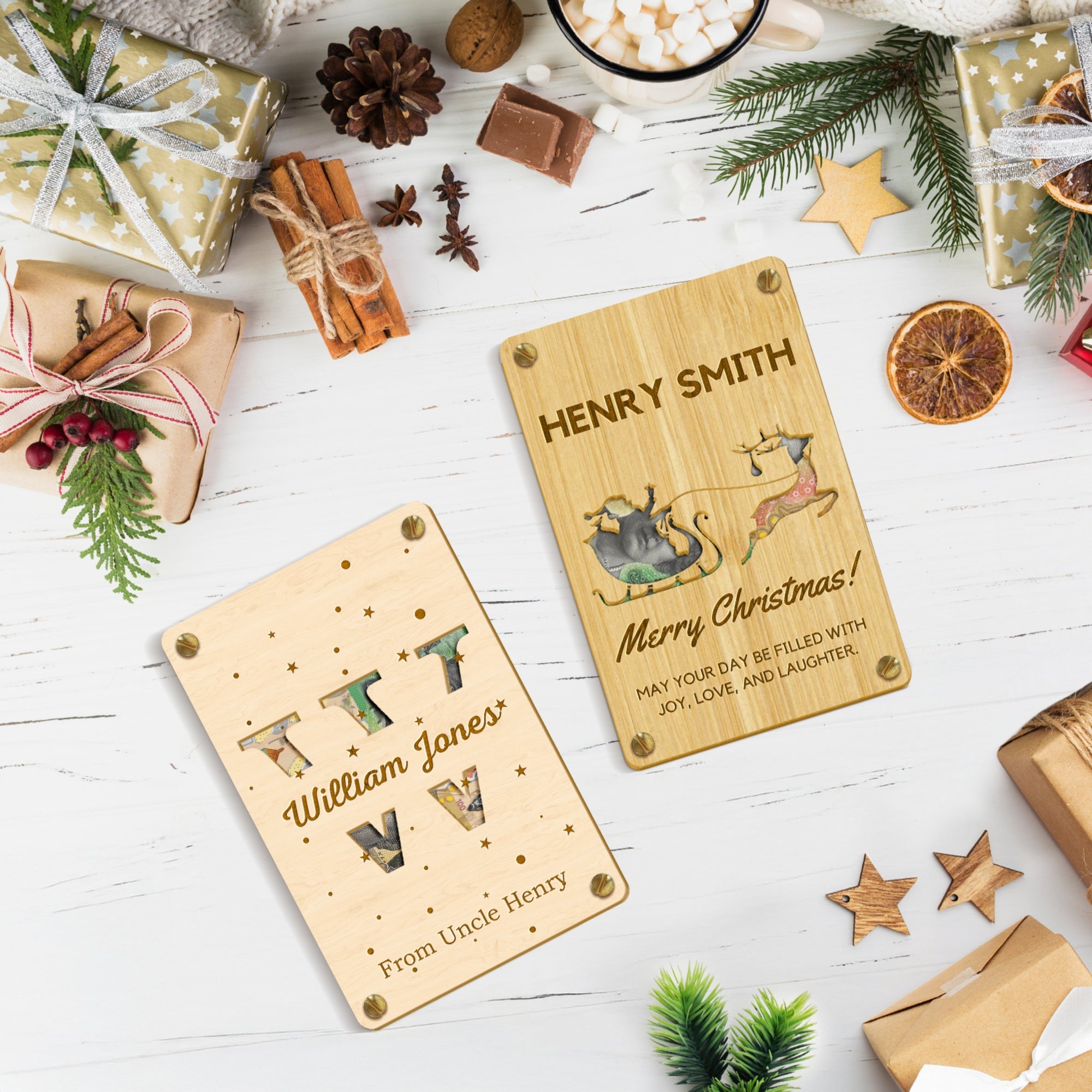 Personalised Name & Message Mirror Acrylic/ Wooden Christmas Money Holder, Custom Laser Cut Engraved Kid Cash Gift Card Envelope, Xmas Decor