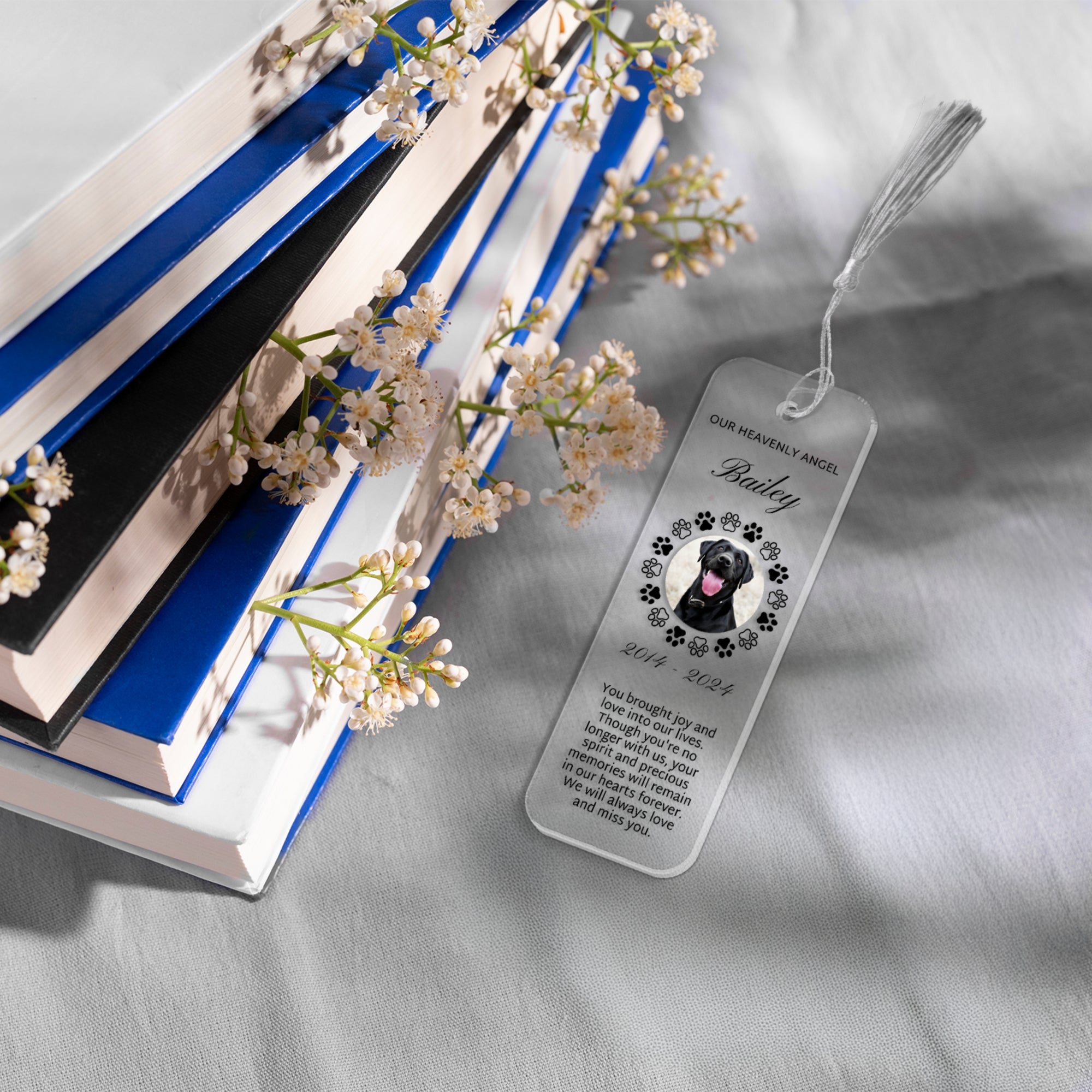 Personalised Photo &amp; Name Acrylic Memorial Bookmark &amp; Tassel, Custom Print Book Card, In Loving Memory Reading Tag, Book Lover Sympathy Gift