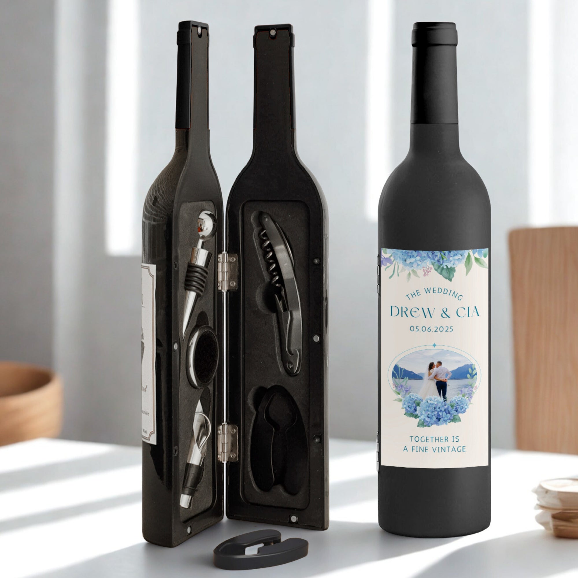 Personalised Photo Wine Bottle Shaped Corkscrew Set, Custom UV Champagne Accessories Kit Barware Groomsman Bridesmaid Wedding Corporate Gift