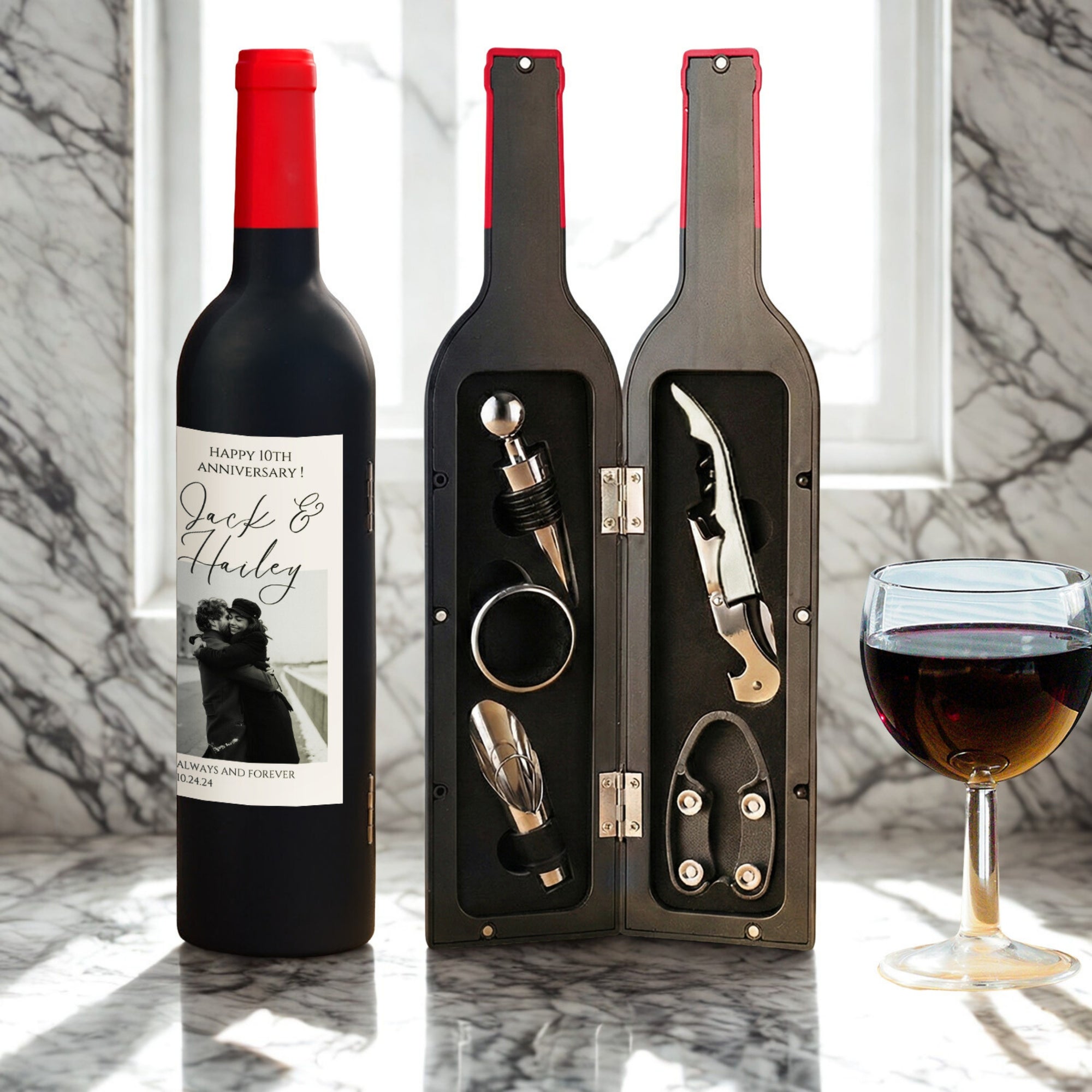 Personalised Photo Wine Bottle Shaped Corkscrew Set, Custom UV Champagne Accessories Kit Barware Groomsman Bridesmaid Wedding Corporate Gift