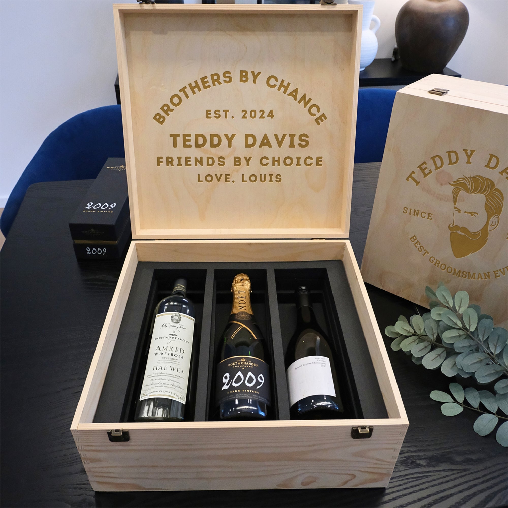 Personalised Pine Wooden Keepsake, Custom Engraved 3 Wine Bottles Storage, Wedding, Groomsman, Birthday Housewarming Logo Corporate Gift Box