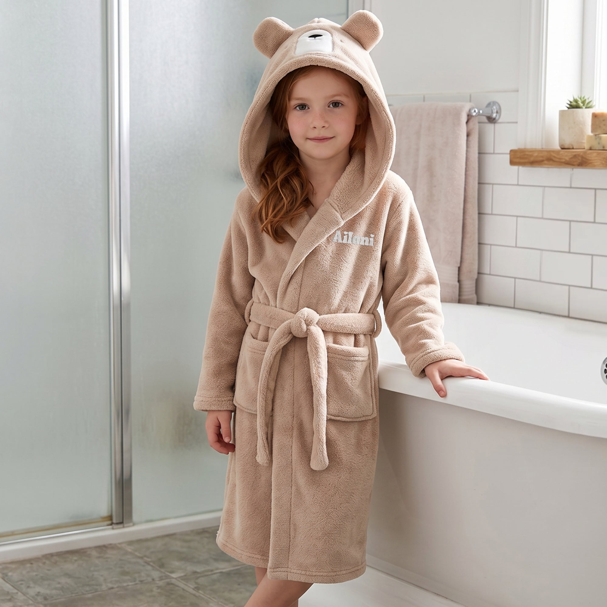 Personalised Plush Teddy Kid Bathrobe, Custom Name Embroidered Teens Dressing Gown Bear Ear Hooded Baby Robe, Christening Birthday Xmas Gift