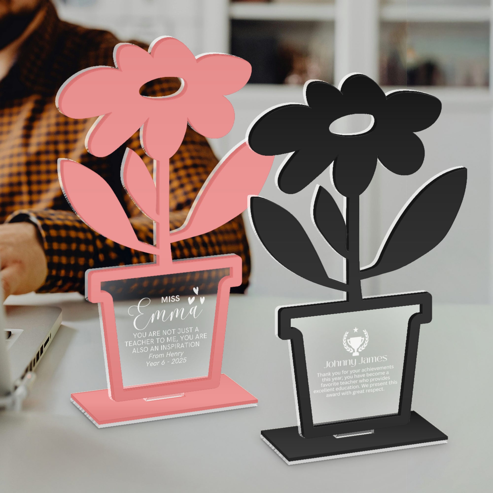 Personalised Pot Plant Award Plaque/ Custom 3D Acrylic School Teacher Appreciation Trophy, Sport Coach, Mentor Keepsake, Xmas Corporate Gift