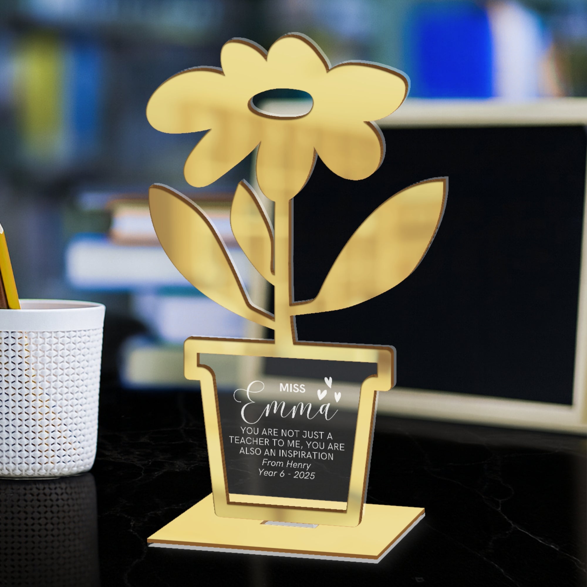 Personalised Pot Plant Award Plaque/ Custom 3D Acrylic School Teacher Appreciation Trophy, Sport Coach, Mentor Keepsake, Xmas Corporate Gift