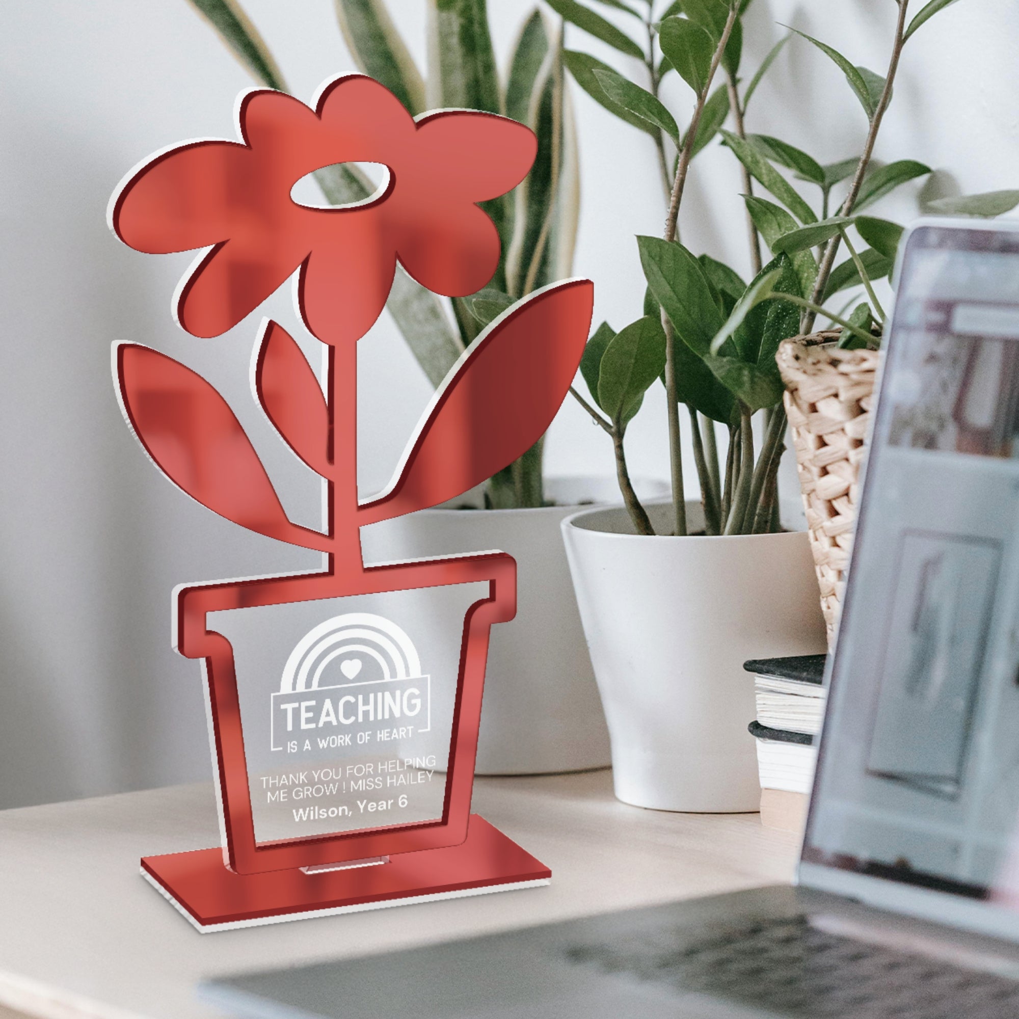 Personalised Pot Plant Award Plaque/ Custom 3D Acrylic School Teacher Appreciation Trophy, Sport Coach, Mentor Keepsake, Xmas Corporate Gift