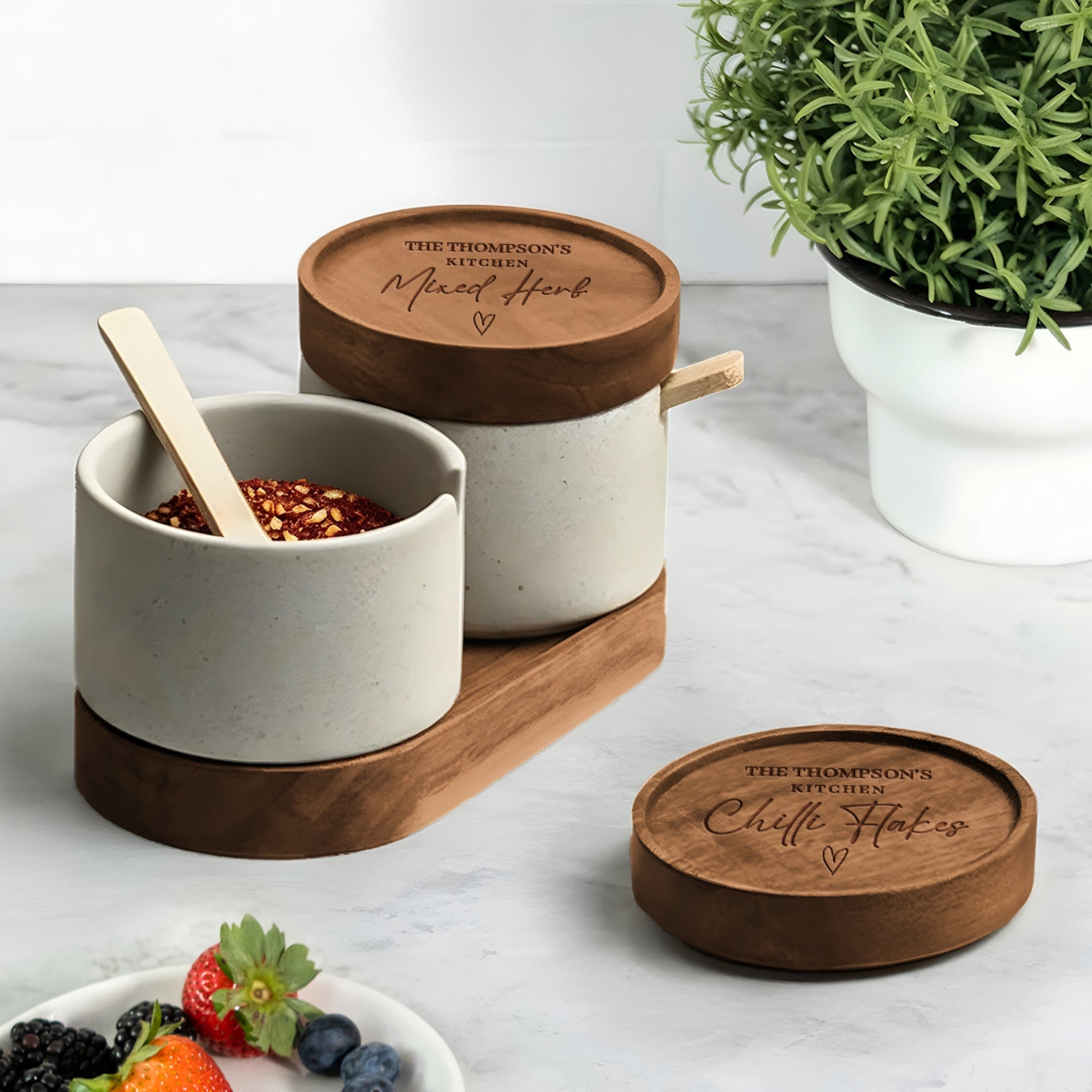 Personalised Pottery Spice Jar Set, Custom Engraved Kitchen Canisters, Spoons &amp; Wooden Base Set, Salt Pepper Sugar Container Home Decor Gift