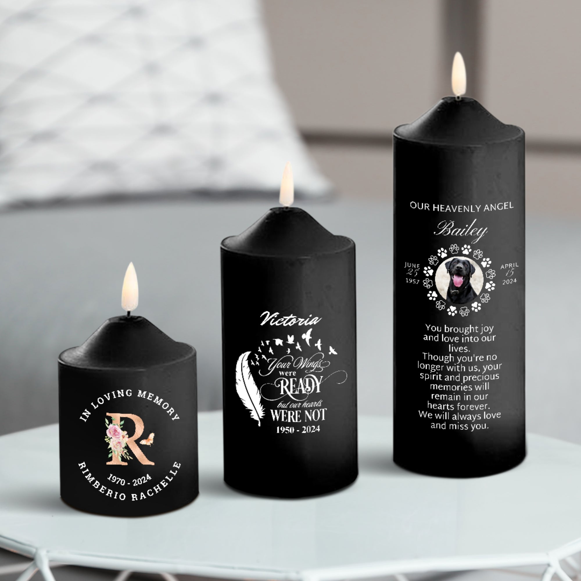 Personalised UV Print In Loving Memory Wax LED Candle, Custom Memorial Photo Black Flame Pillar, Pet Sympathy Gift Funeral Ceremony Keepsake