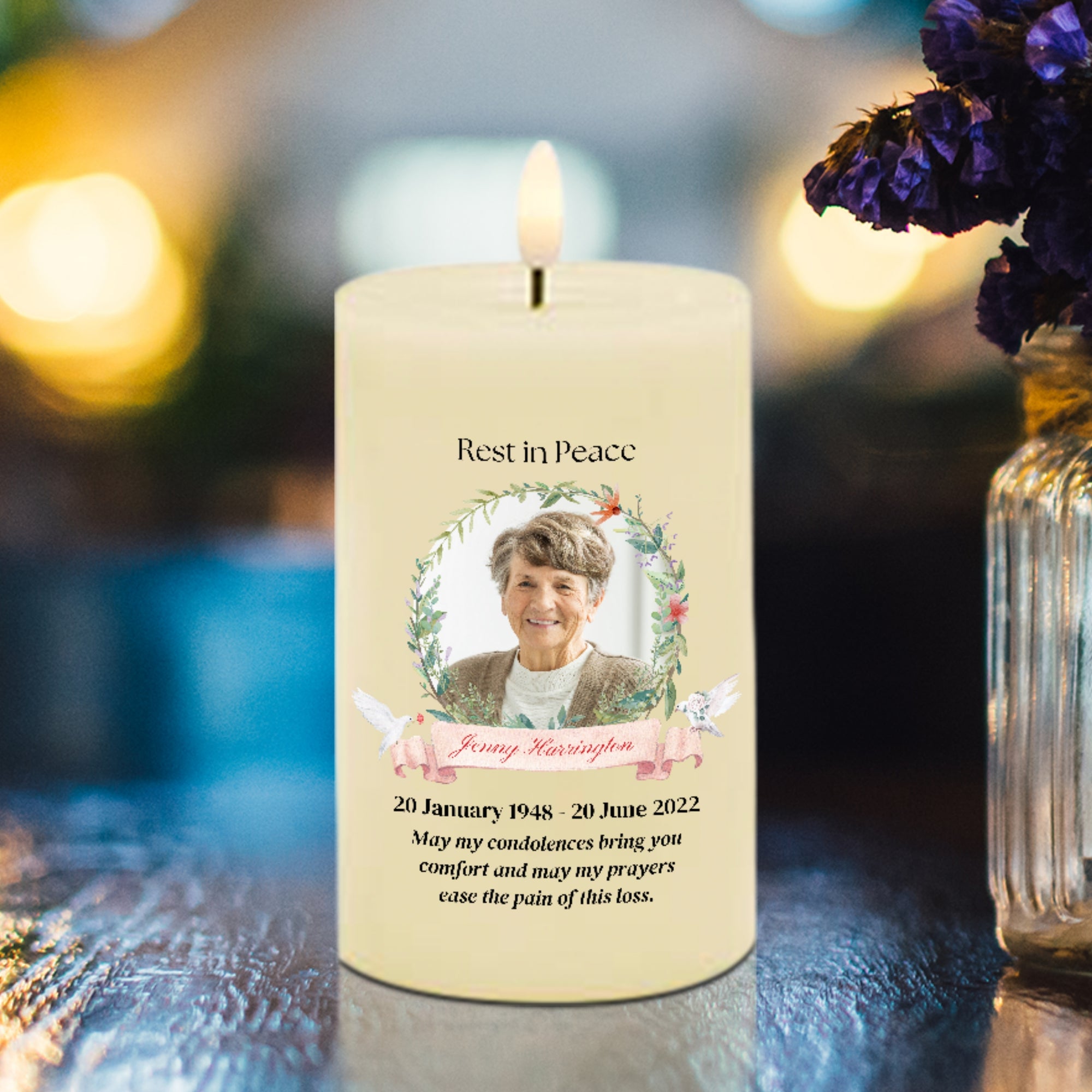 Personalised UV Print In Loving Memory Wax LED Candle, Custom Memorial Photo White Flame Pillar, Pet Sympathy Gift Funeral Ceremony Keepsake