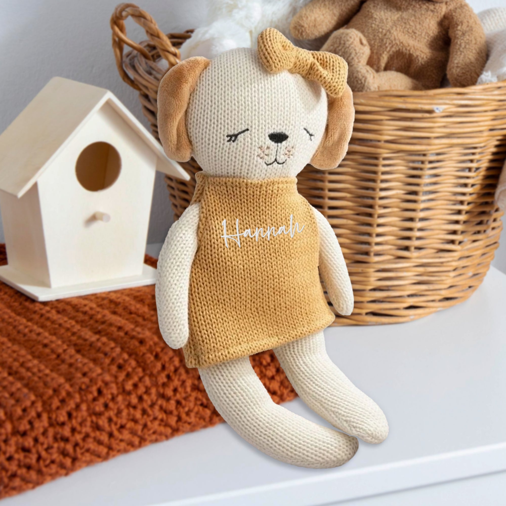 Personalised Embroidery Knitted Animal Plush Toy, Custom Embroidered Name Sleep Soft Baby Huggable Snuggle Friend First Birthday Shower Gift