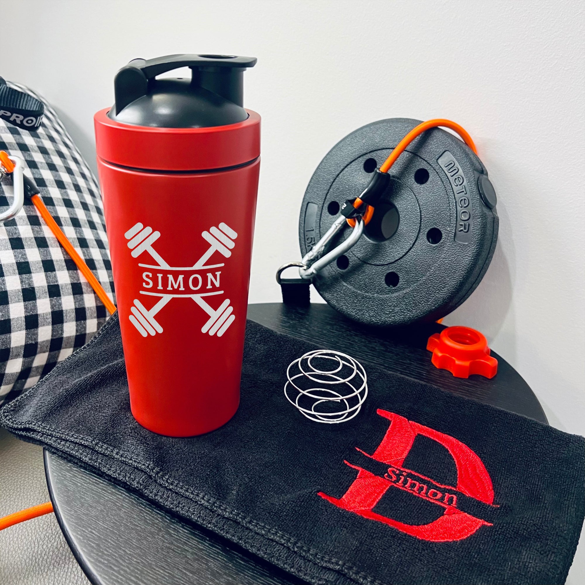 Personalised 25oz Red Metal Protein Shaker & Embroidery Black Gym Towel Set, Custom Name Logo Fitness Travel Sport, Birthday, Corporate Gift
