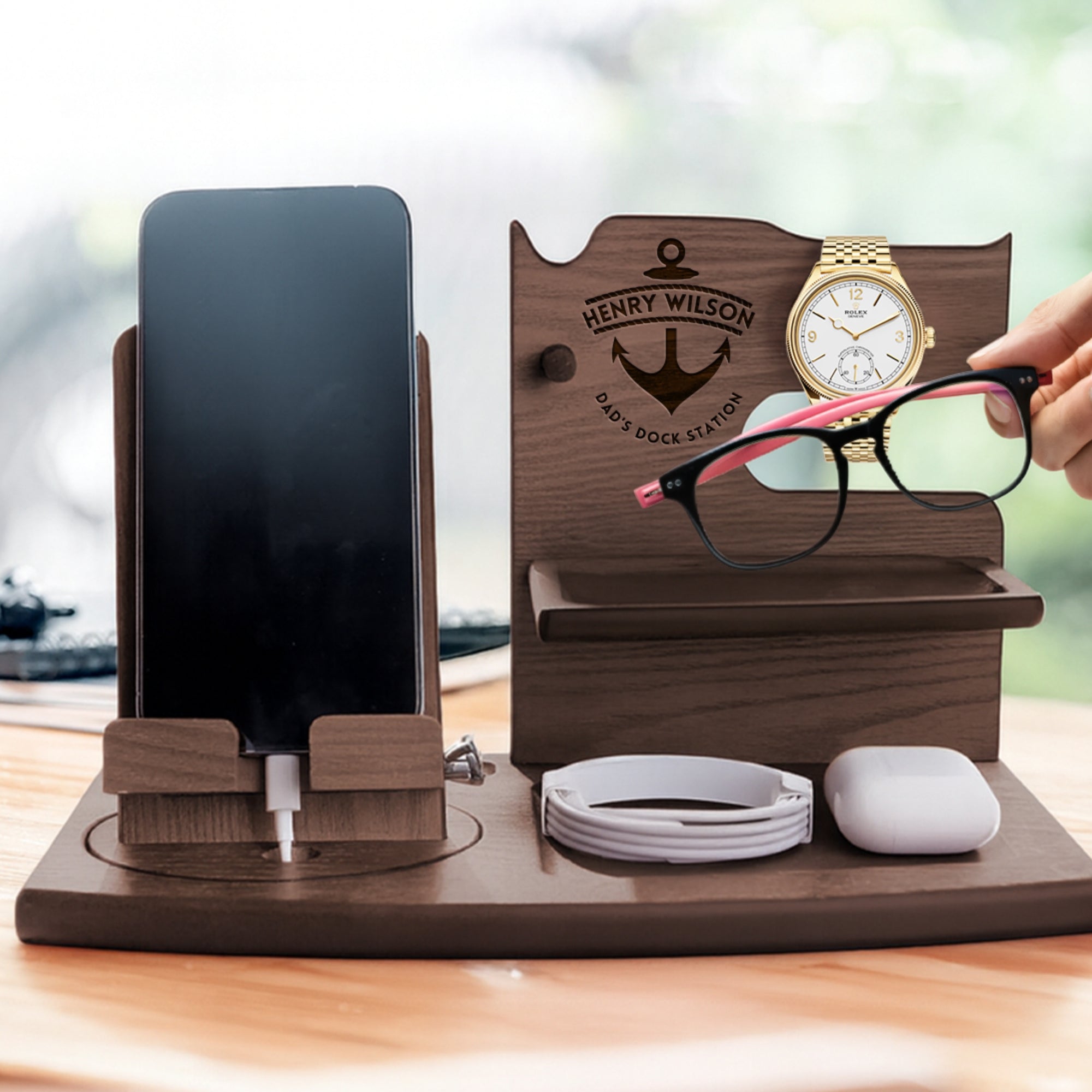 Personalised Rotating Wooden Docking Station, Custom Engraved Desk Valet, Nightstand Phone Watch Wallet Organiser Dad Groomsman Gift for Him