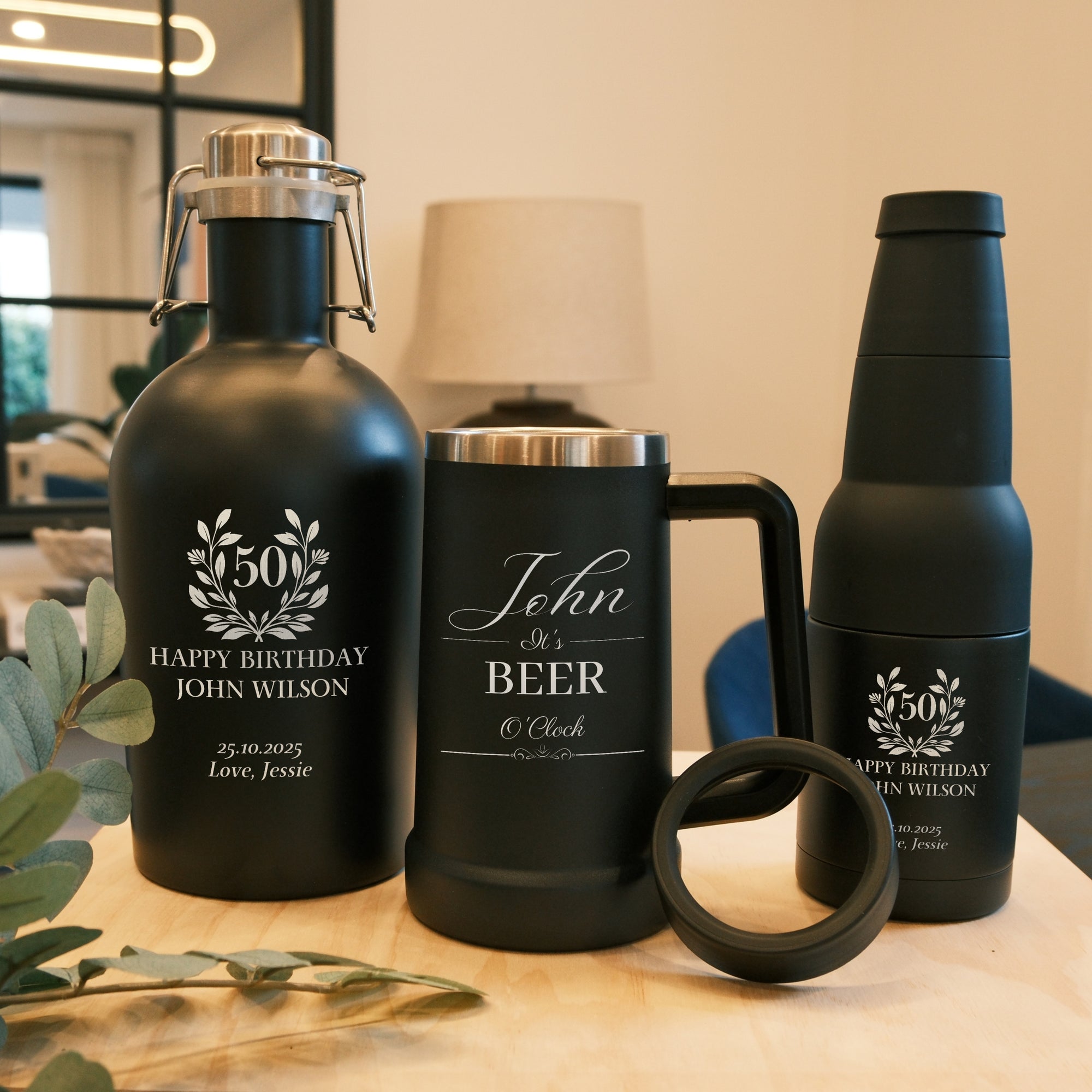 Personalised Set of Insulated Growler, Tankard Beer Mug, 3 in 1 Stubby Holder & Custom Engraved Logo Wooden Box, Groomsman Wedding, Dad Gift