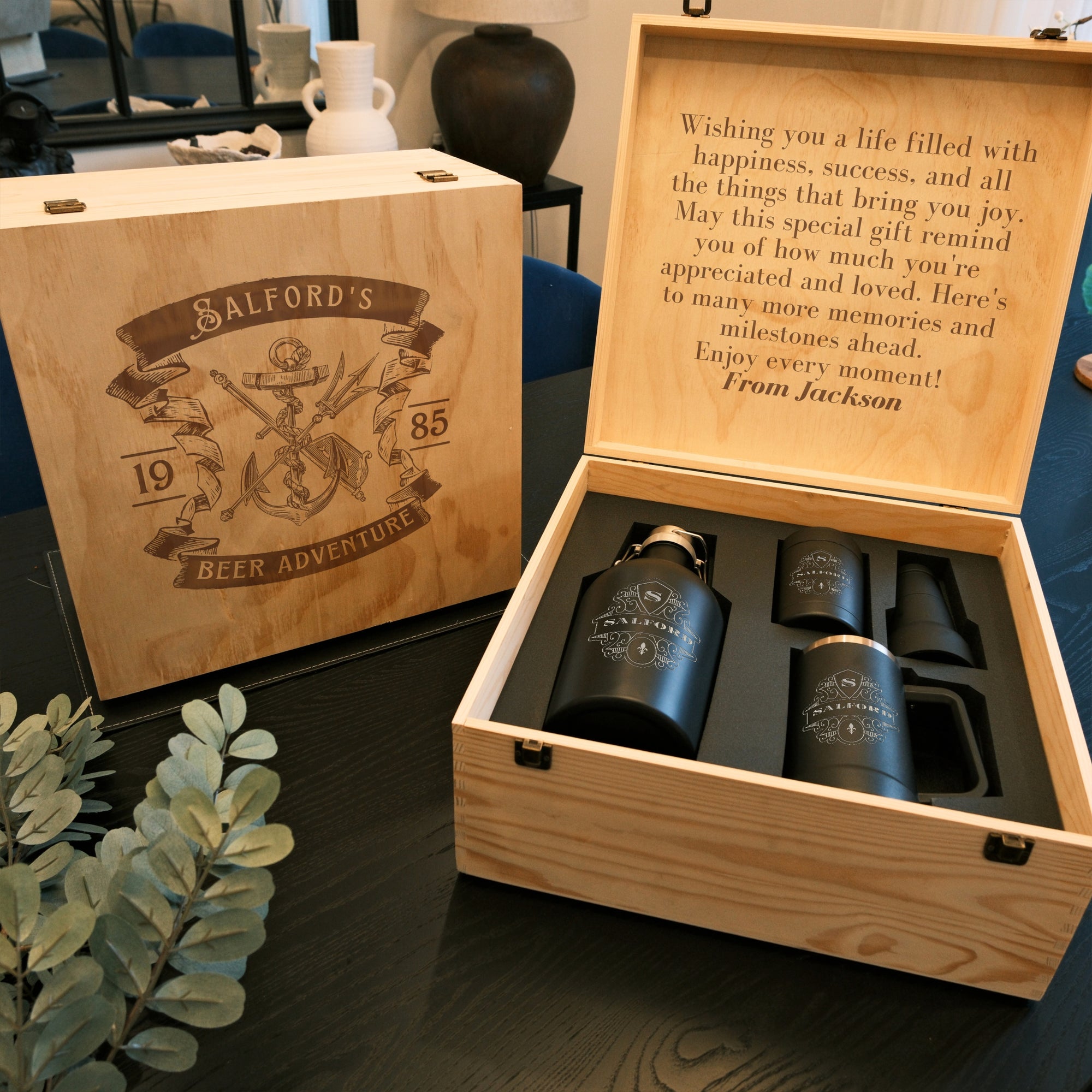 Personalised Set of Insulated Growler, Tankard Beer Mug, 3 in 1 Stubby Holder &amp; Custom Engraved Logo Wooden Box, Groomsman Wedding, Dad Gift