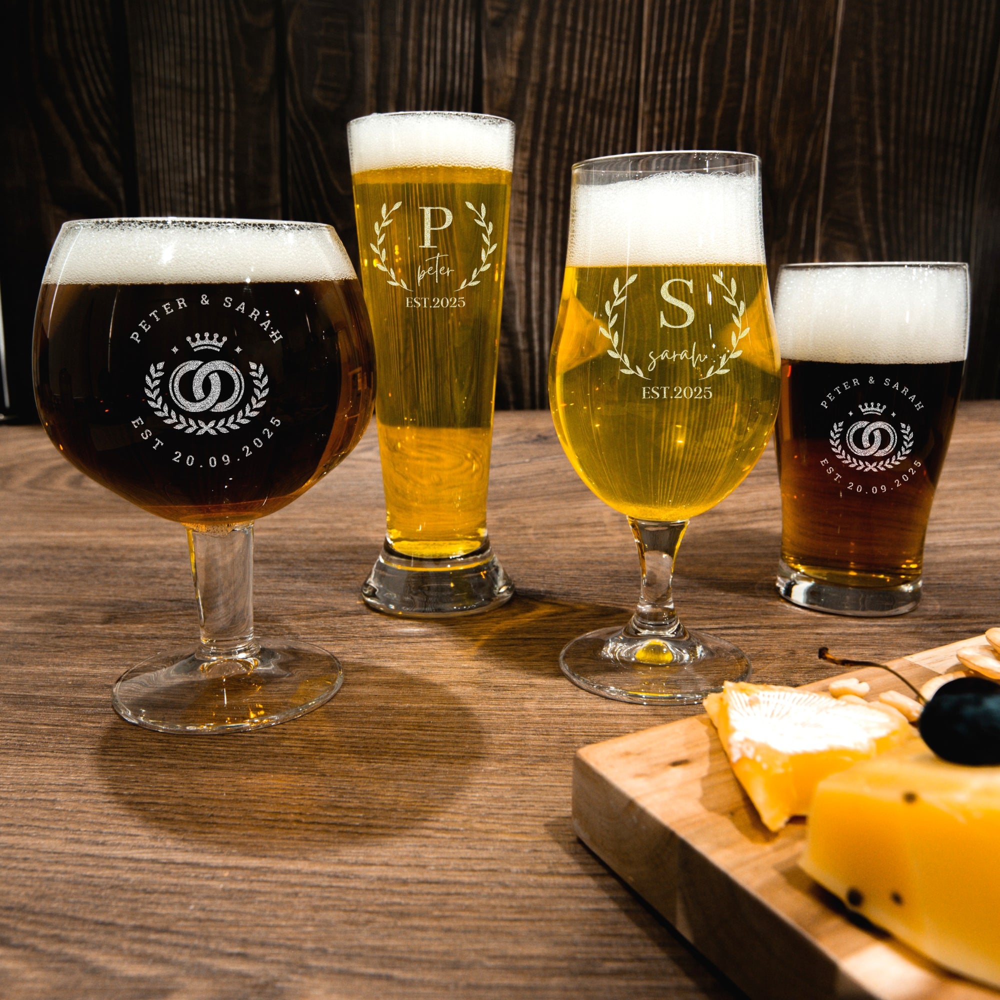 Personalised Set of 4 Portugal Beer Glasses & Custom Engraved Logo Wooden Box, Groomsman Proposal, Wedding, Birthday, Father, Corporate Gift