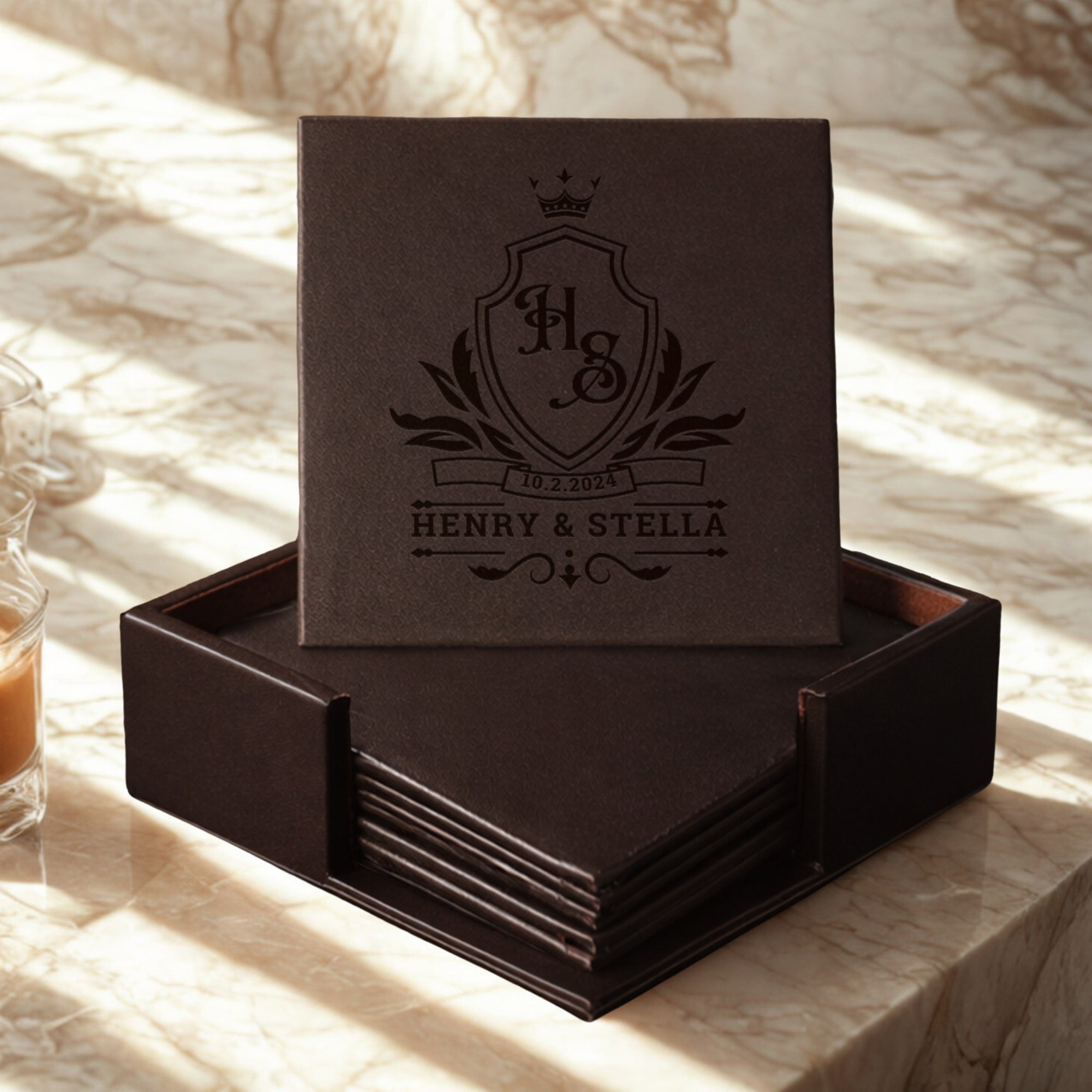 Personalised Set of 6 Leatherette Square Coasters, Custom Engraved Logo Drink Mat Set, Wedding Dad Mom Birthday, Housewarming Corporate Gift