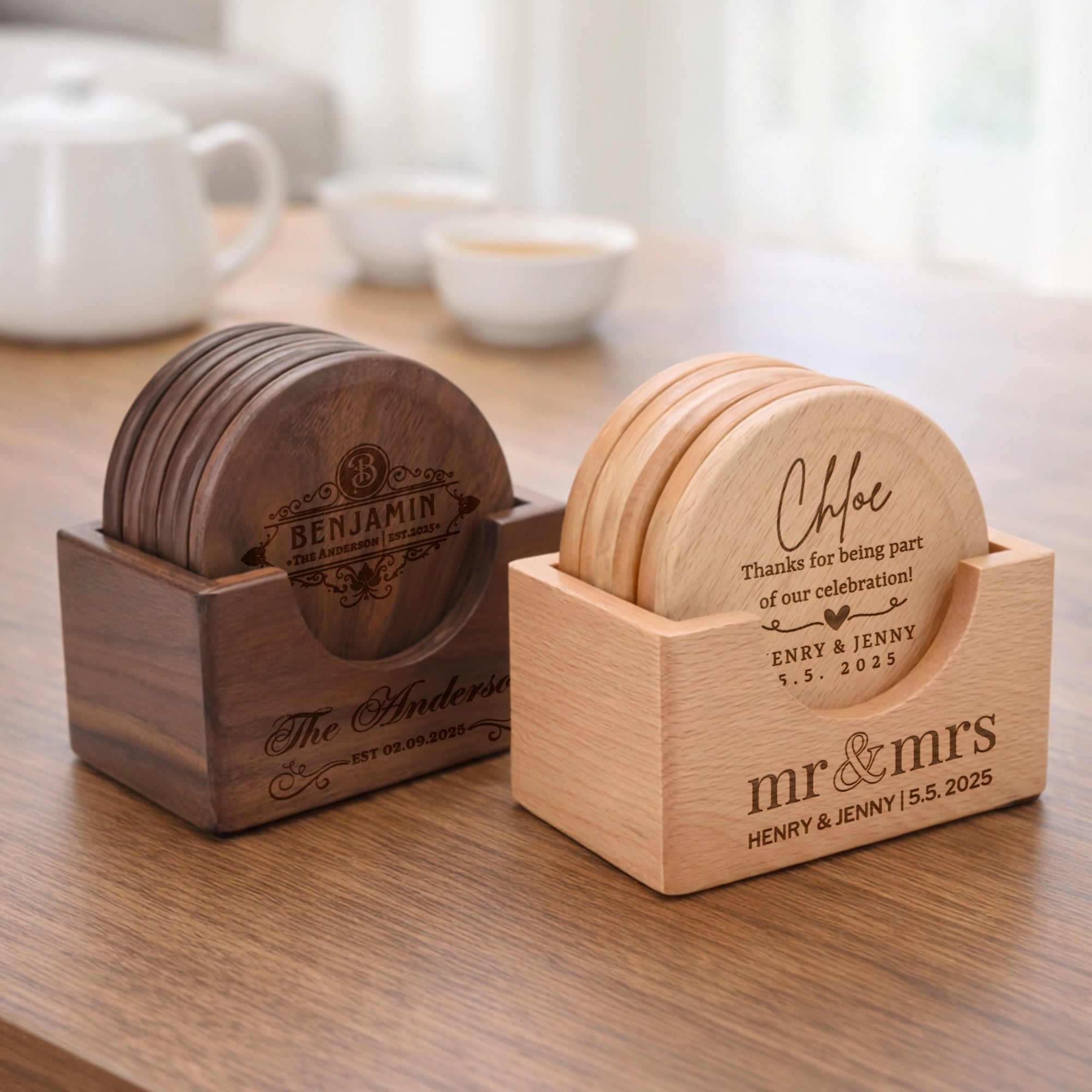 Personalised Set of 6 Walnut Coasters & Holder, Custom Engraved Logo Beech Wooden Drink Mat Set Wedding Birthday Housewarming Corporate Gift