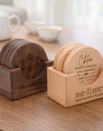 Personalised Set of 6 Walnut Coasters & Holder, Custom Engraved Logo Beech Wooden Drink Mat Set Wedding Birthday Housewarming Corporate Gift