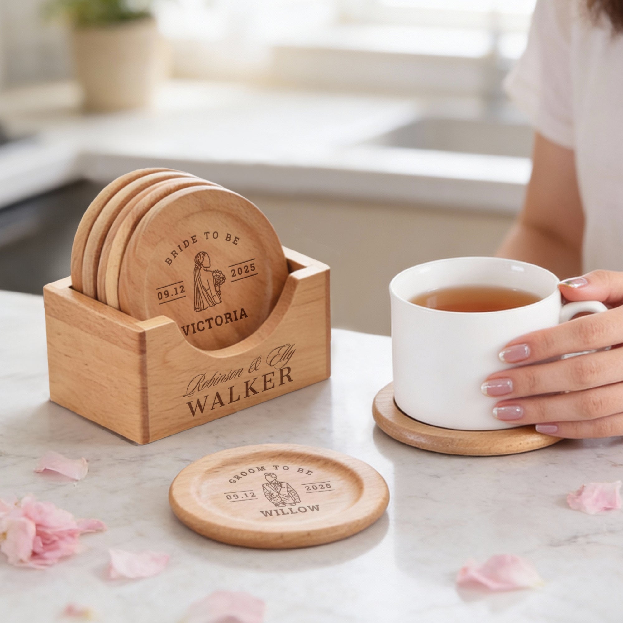 Personalised Set of 6 Walnut Coasters & Holder, Custom Engraved Logo Beech Wooden Drink Mat Set Wedding Birthday Housewarming Corporate Gift