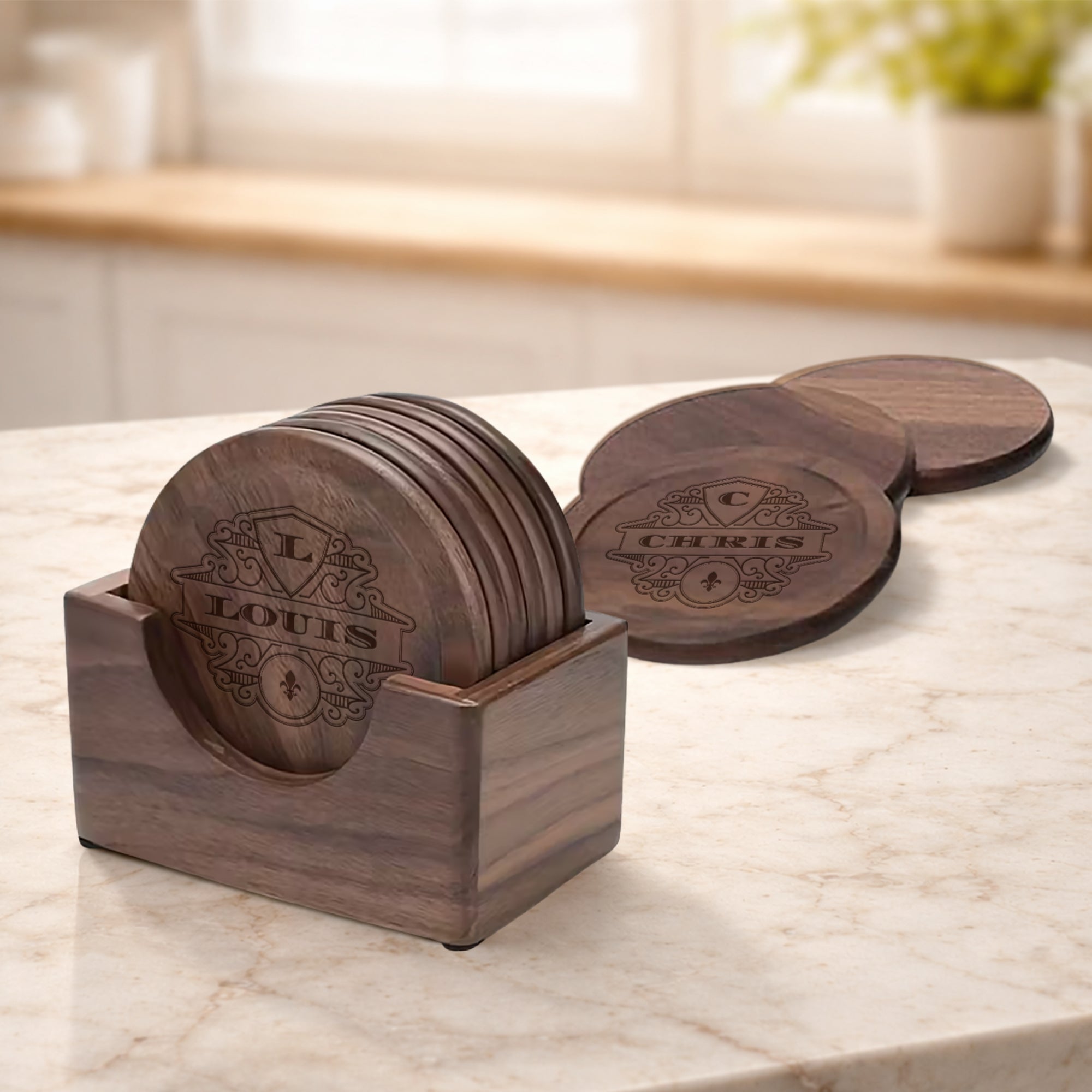 Personalised Set of 6 Walnut Coasters & Holder, Custom Engraved Logo Beech Wooden Drink Mat Set Wedding Birthday Housewarming Corporate Gift