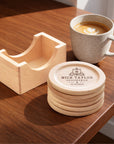 Personalised Set of 6 Walnut Coasters & Holder, Custom Engraved Logo Beech Wooden Drink Mat Set Wedding Birthday Housewarming Corporate Gift