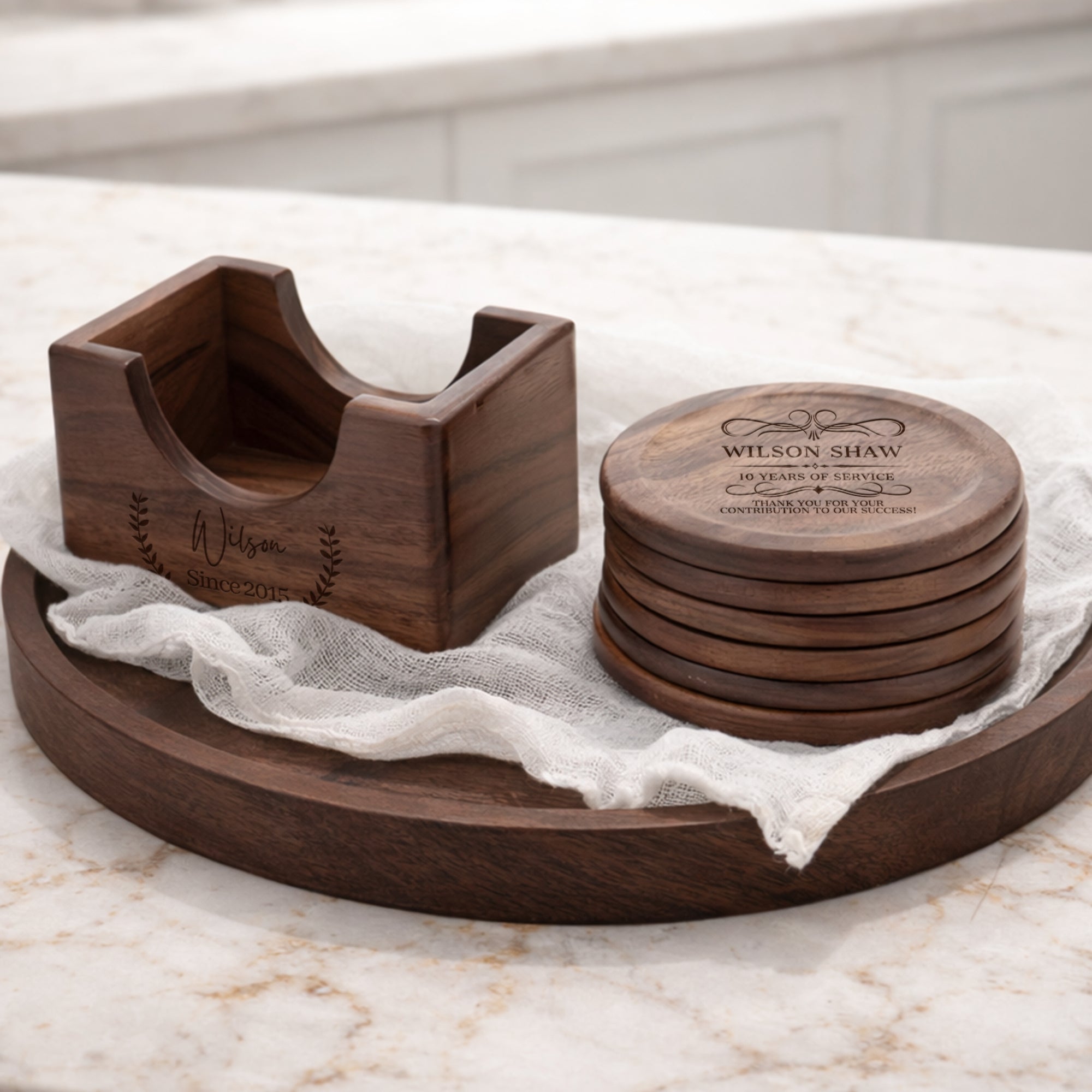 Personalised Set of 6 Walnut Coasters & Holder, Custom Engraved Logo Beech Wooden Drink Mat Set Wedding Birthday Housewarming Corporate Gift