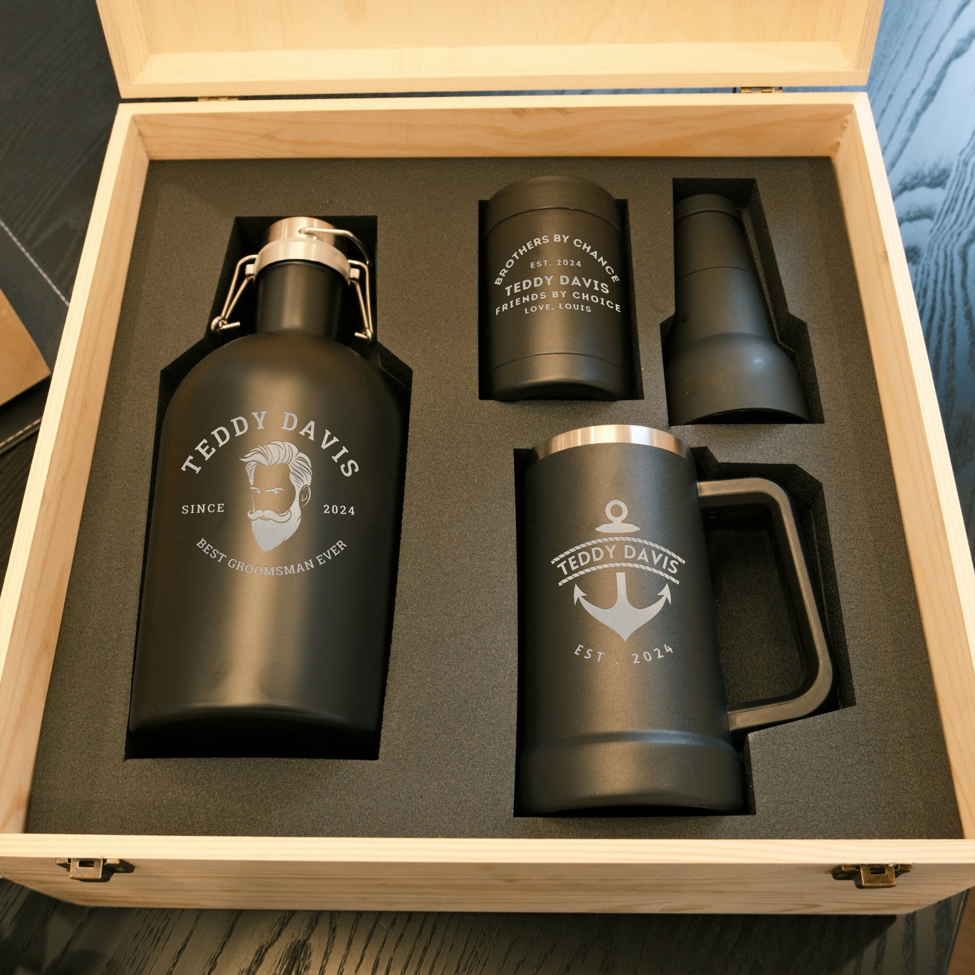 Personalised Set of Insulated Growler, Tankard Beer Mug, 3 in 1 Stubby Holder & Custom Engraved Logo Wooden Box, Groomsman Wedding, Dad Gift