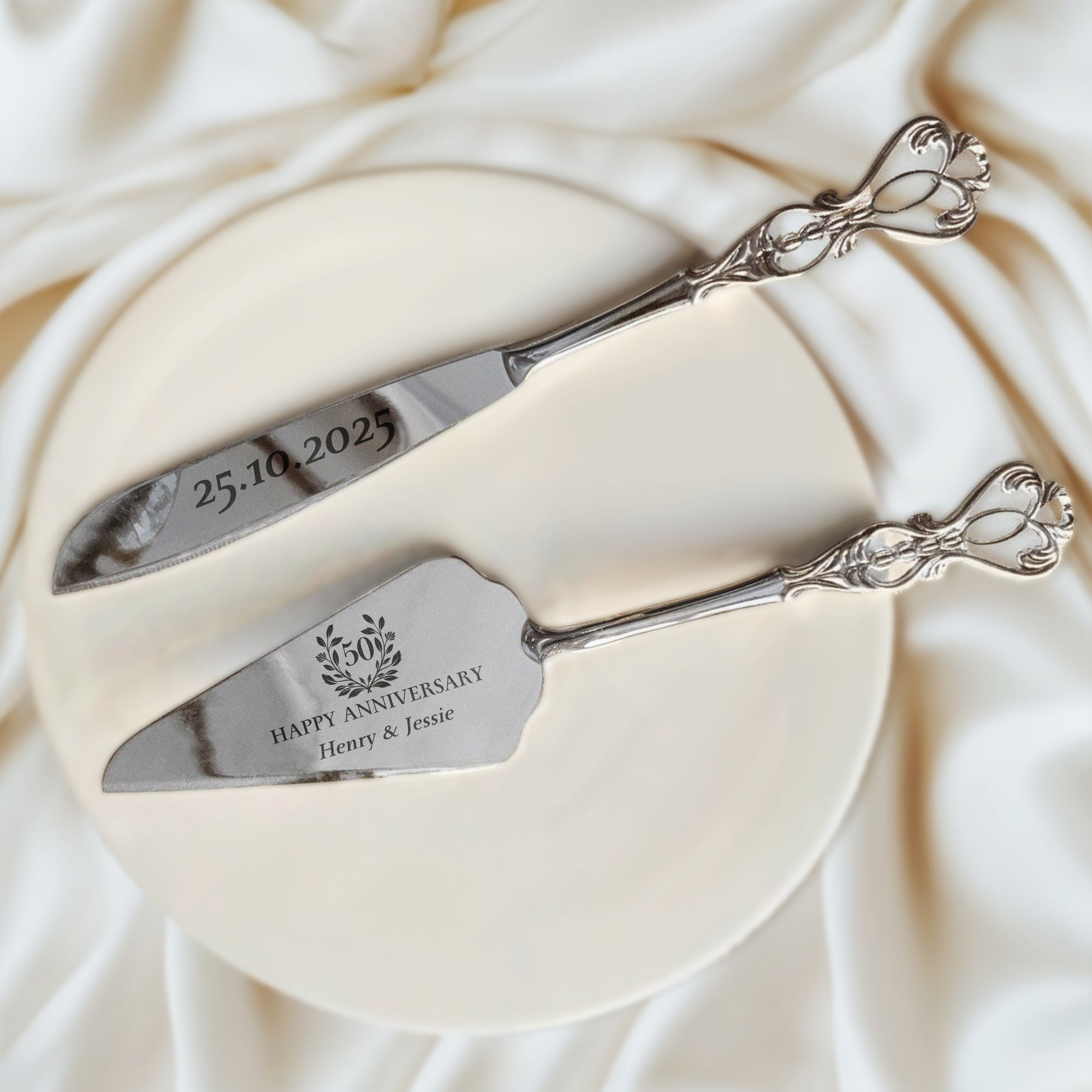 Personalised Gold/ Silver Wedding Plated Cake Serving Set, Custom Engraved Name Date Cutting Pastry Knife & Server Birthday Anniversary Gift