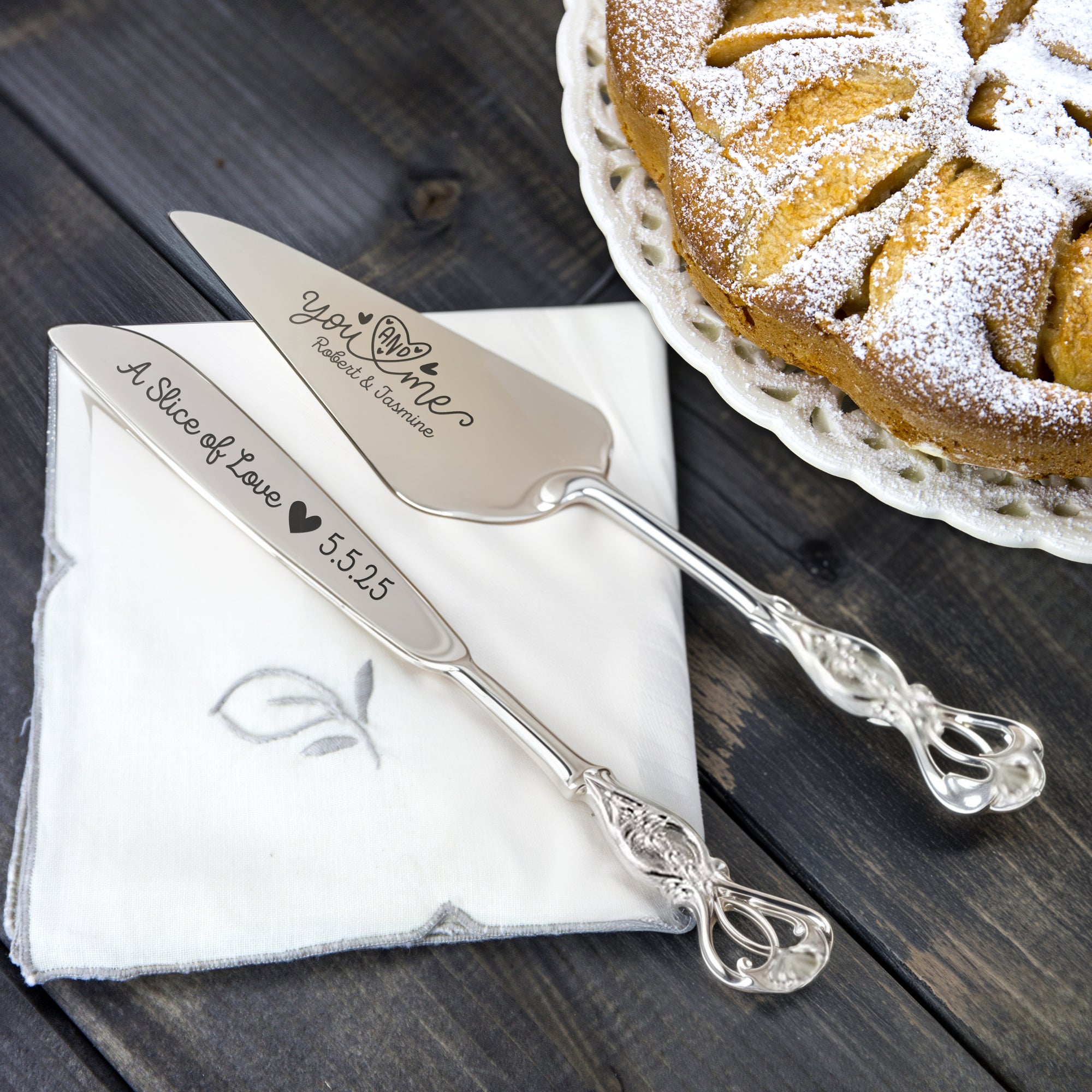 Personalised Gold/ Silver Wedding Plated Cake Serving Set, Custom Engraved Name Date Cutting Pastry Knife &amp; Server Birthday Anniversary Gift