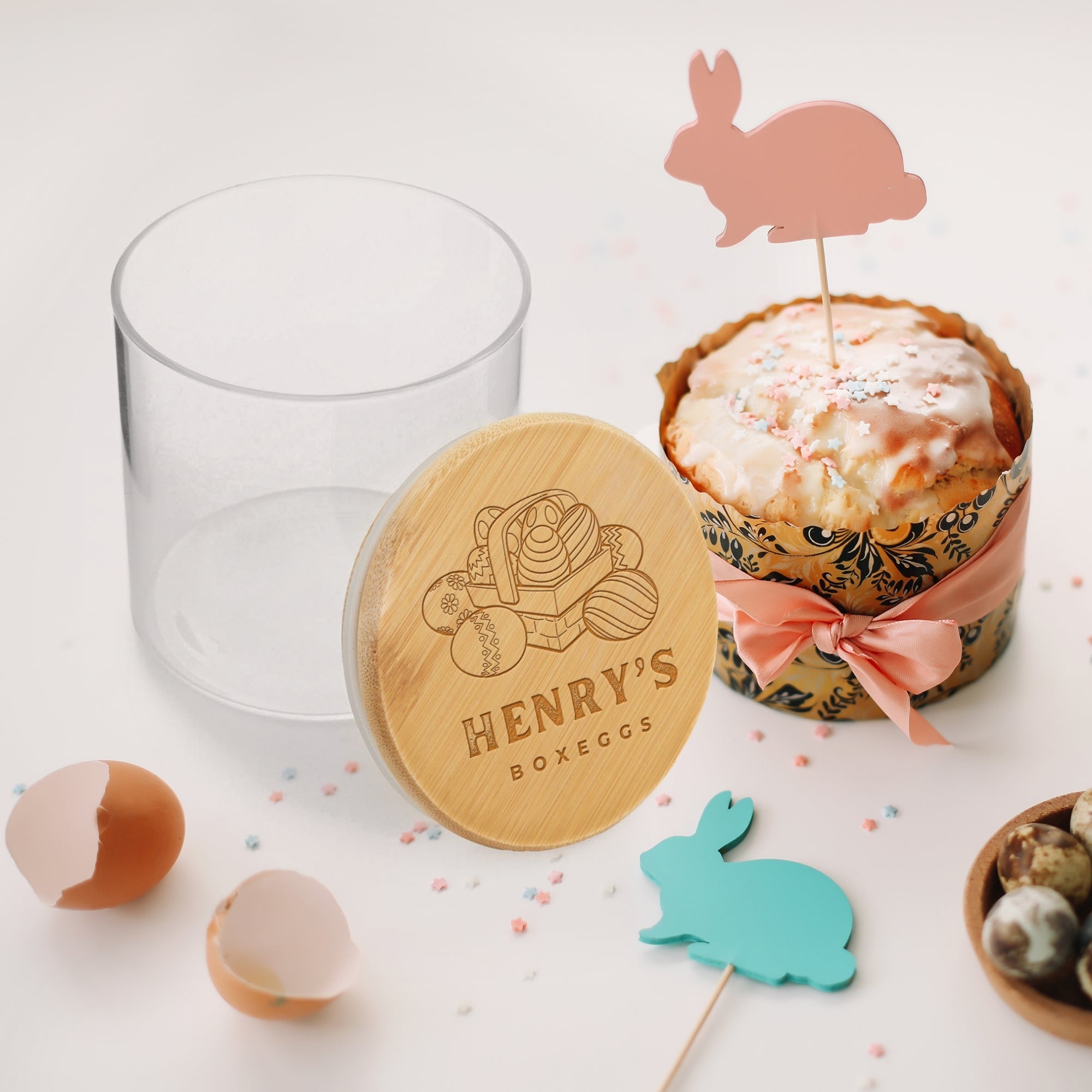 Personalised Wooden Lid Glass Easter Treat Jar, Custom Etch Print Bunny Rabbit Egg Food Snack Storage, Cookie Lolly Jars, Kid, Teacher Gifts