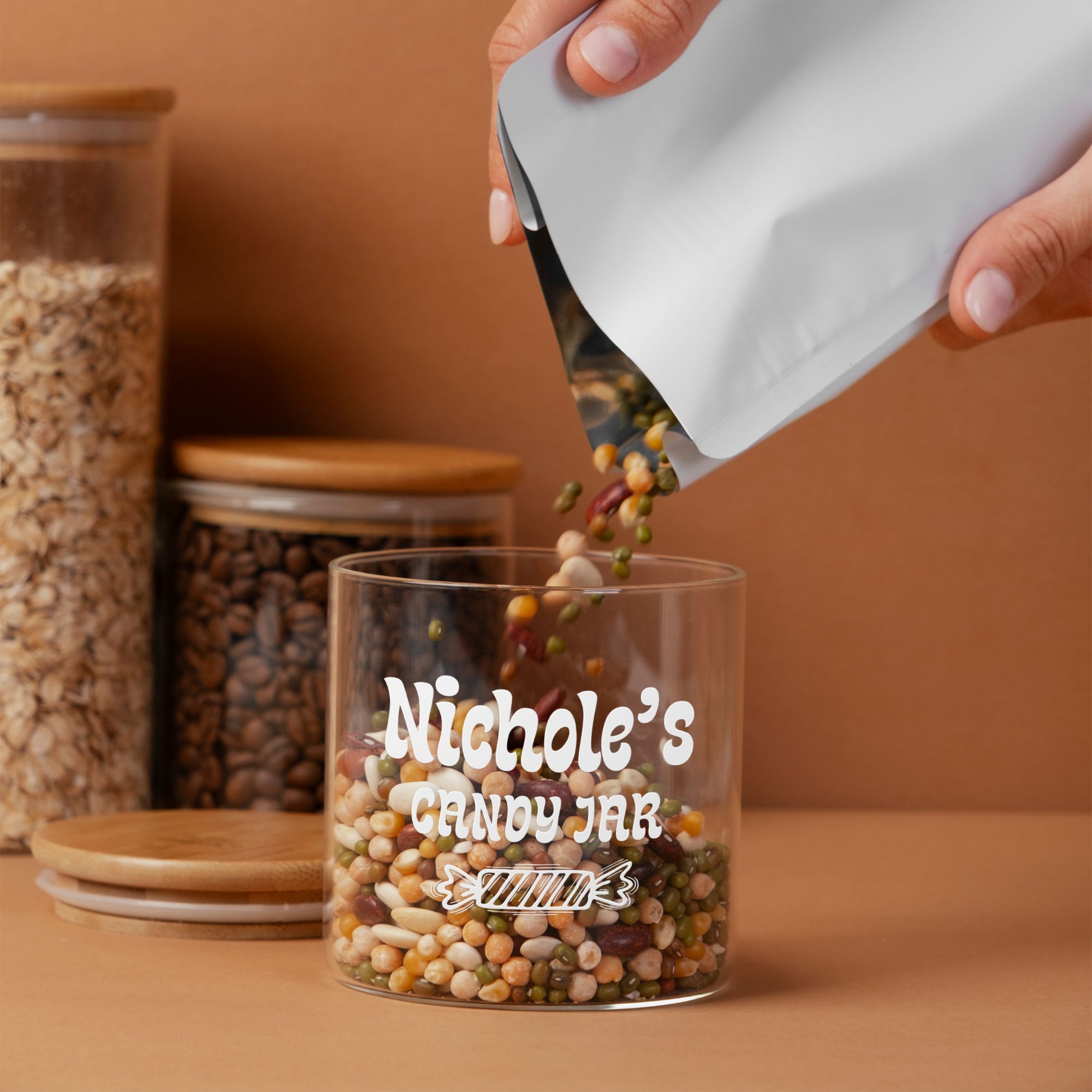 Personalised Wooden Lid Jar, Custom Etched Printed Treat, Food, Snack Glass Storage, Cookie Lolly Canister Teacher Anniversary Mom Xmas Gift