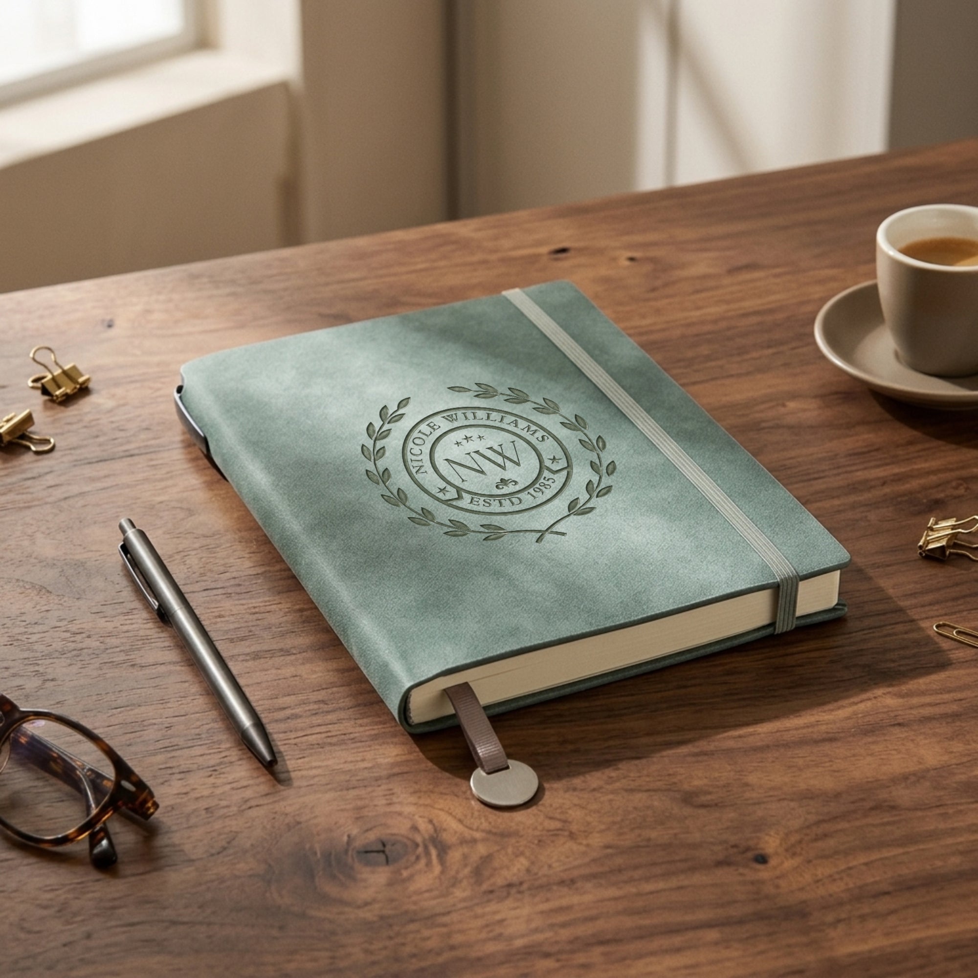 Personalised Soft Leatherette A5 Notebook with Pen &amp; Metal Bookmark Charm, Custom Engraved Logo Business Journal, Graduation, Corporate Gift