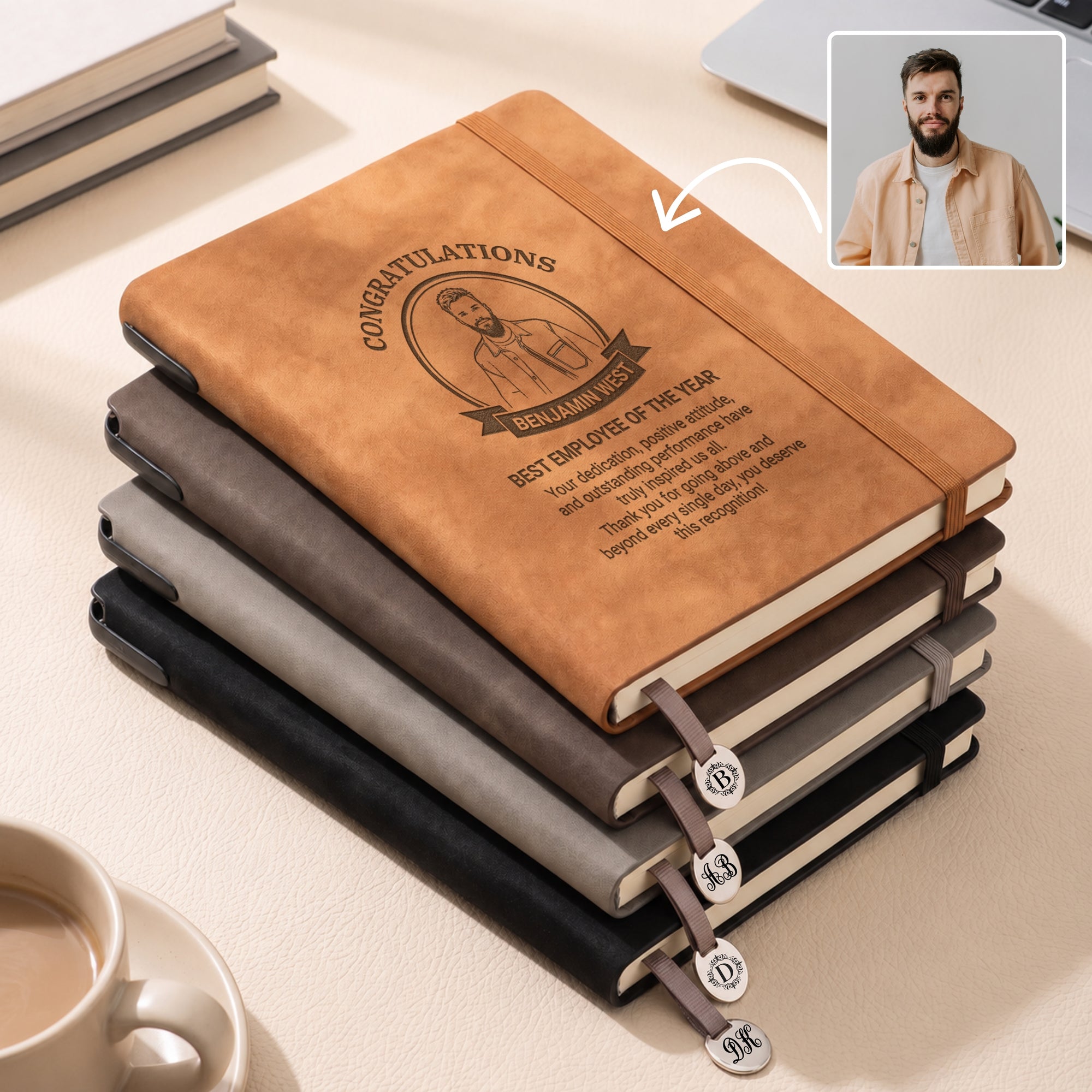 Personalised Soft Leatherette A5 Notebook with Pen &amp; Metal Bookmark Charm, Custom Engraved Logo Business Journal, Graduation, Corporate Gift