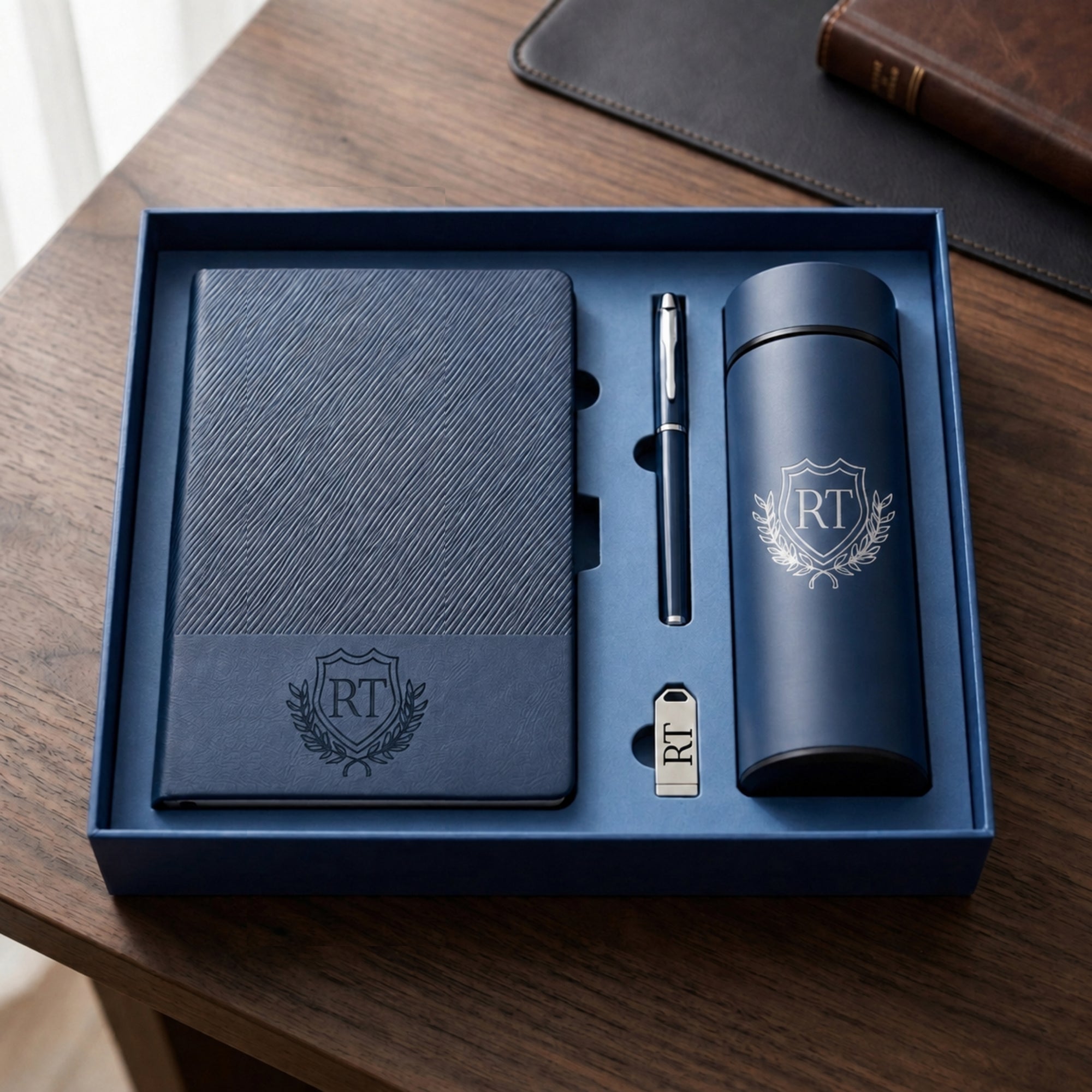Personalised Striped A5 Notebook, Pen, Bookmark Charm, Tumbler &amp; 16GB USB Box Set, Custom Engraved Logo Journal, Graduation, Corporate Gift