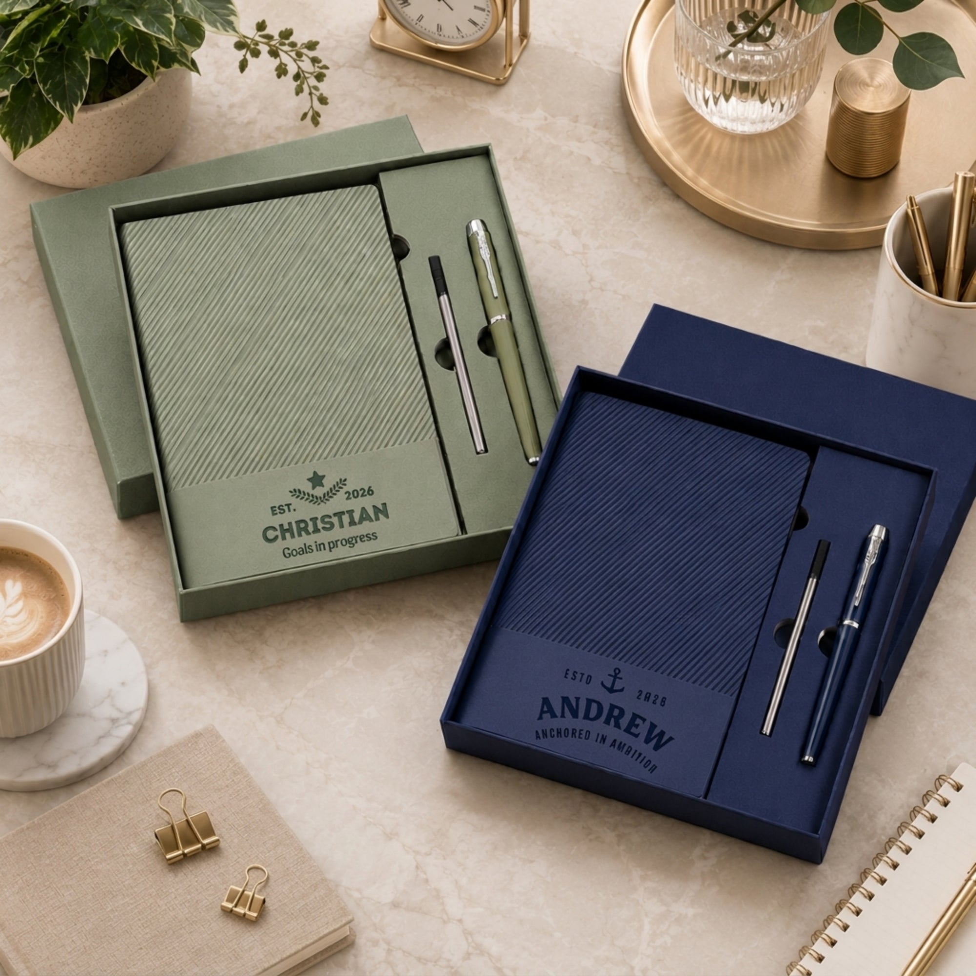Personalised Striped A5 Notebook, Pen, Ink Refill &amp; Bookmark Charm Gift Box Set, Custom Engraved Business Journal, Graduation Corporate Gift