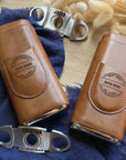 Personalised Tan Leatherette Cigar Case & Cutter Custom Engraved Logo Travel Portable Cedarwood Humidifying Box Groomsman Dad Corporate Gift