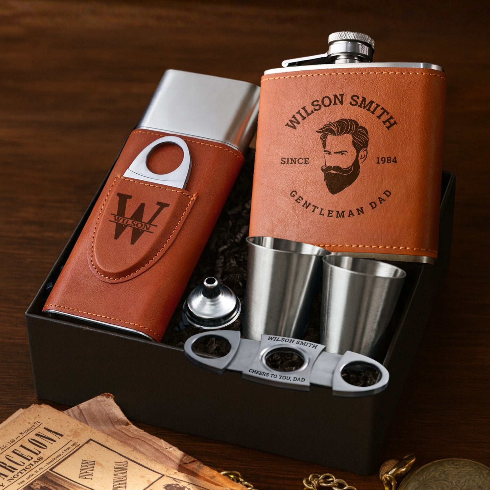 Personalised Tan Leatherette Hip Flask & Cigar Case Set, Custom Engraved Logo Cedarwood Humidifying Holder, Groomsman Dad Corporate Gift Box