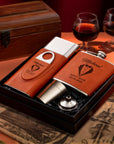 Personalised Tan Leatherette Hip Flask & Cigar Case Set, Custom Engraved Logo Cedarwood Humidifying Holder, Groomsman Dad Corporate Gift Box