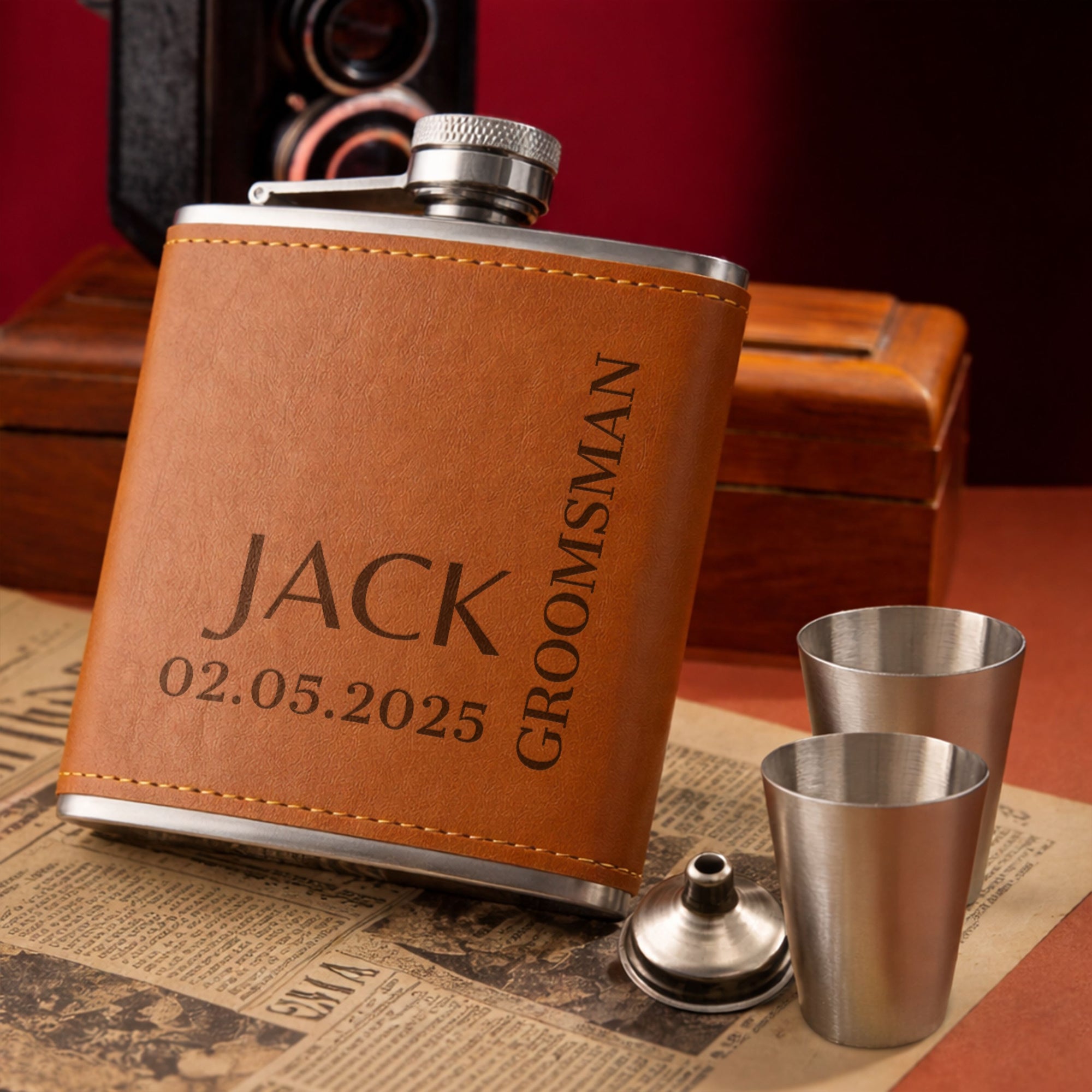 Personalised Tan Leatherette Hip Flask & Cigar Case Set, Custom Engraved Logo Cedarwood Humidifying Holder, Groomsman Dad Corporate Gift Box