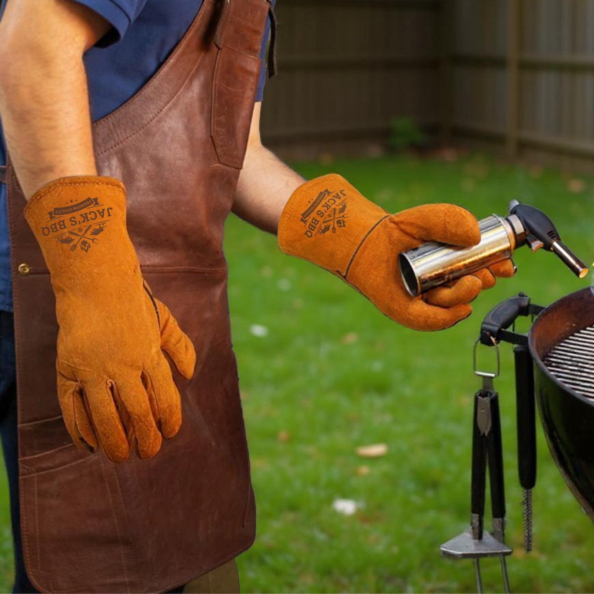 Personalised Long Leather BBQ Grill Gloves, Custom Engraved Fire &amp; Heat Resistant Smoker, Stove, Oven, Fireplace Protective Gloves, Dad Gift