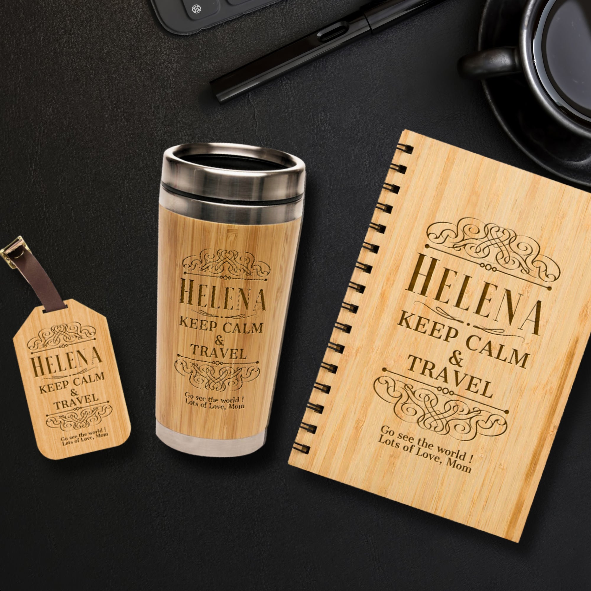Personalised Travel Gift Set – Engraved Insulated Bamboo Cup, Notebook &amp; Wooden Luggage Tag, Traveler Birthday, Teacher, Logo Corporate Gift