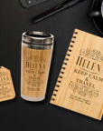Personalised Travel Gift Set – Engraved Insulated Bamboo Cup, Notebook & Wooden Luggage Tag, Traveler Birthday, Teacher, Logo Corporate Gift
