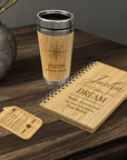 Personalised Travel Gift Set – Engraved Insulated Bamboo Cup, Notebook & Wooden Luggage Tag, Traveler Birthday, Teacher, Logo Corporate Gift