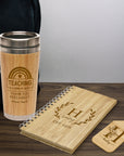 Personalised Travel Gift Set – Engraved Insulated Bamboo Cup, Notebook & Wooden Luggage Tag, Traveler Birthday, Teacher, Logo Corporate Gift