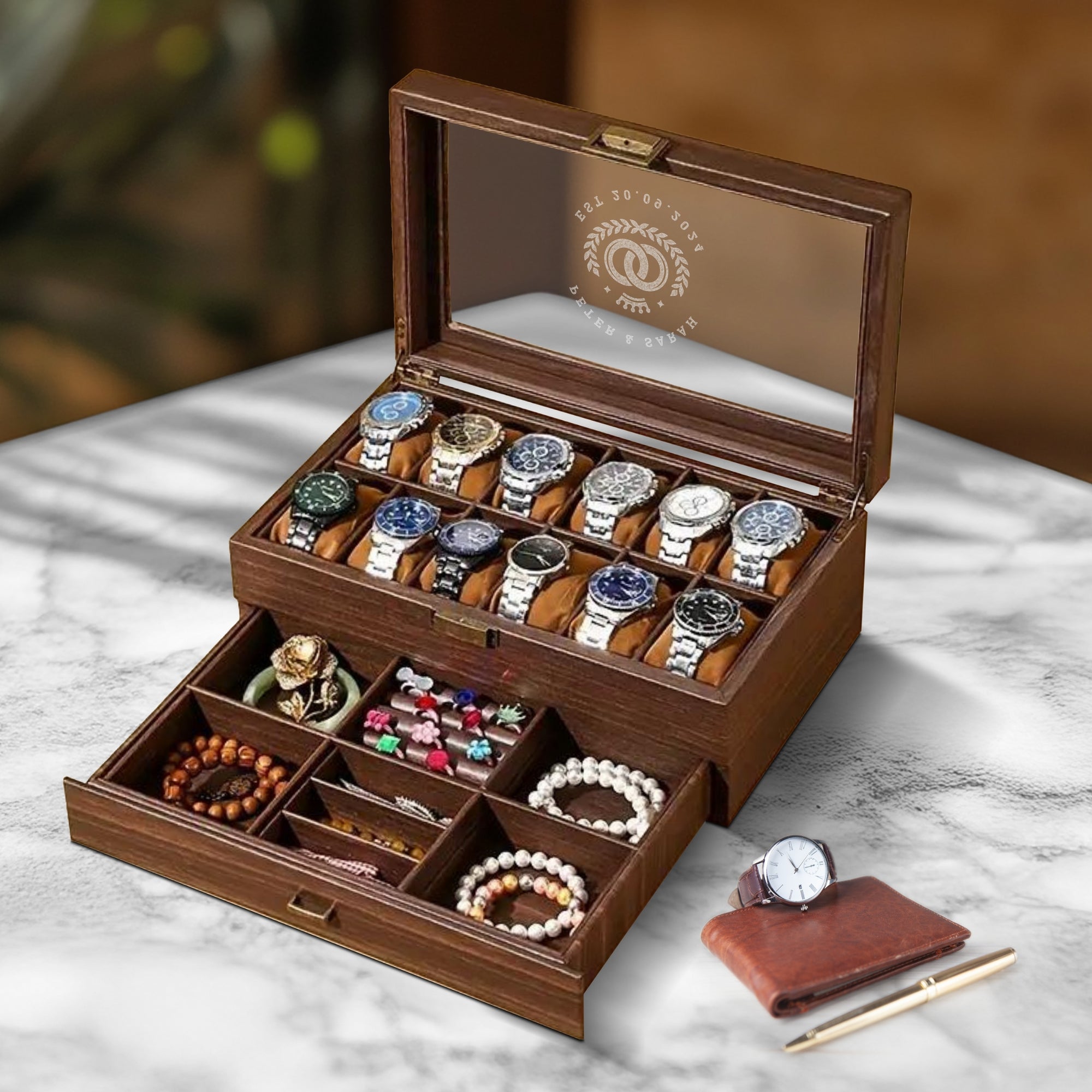 Personalised Two Drawer Wooden 12 Watch Slots & Accessories Display Box, Custom Engraved Men Jewelry Storage, Organiser Case, Xmas Dad Gift