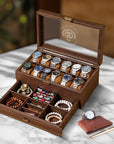 Personalised Two Drawer Wooden 12 Watch Slots & Accessories Display Box, Custom Engraved Men Jewelry Storage, Organiser Case, Xmas Dad Gift
