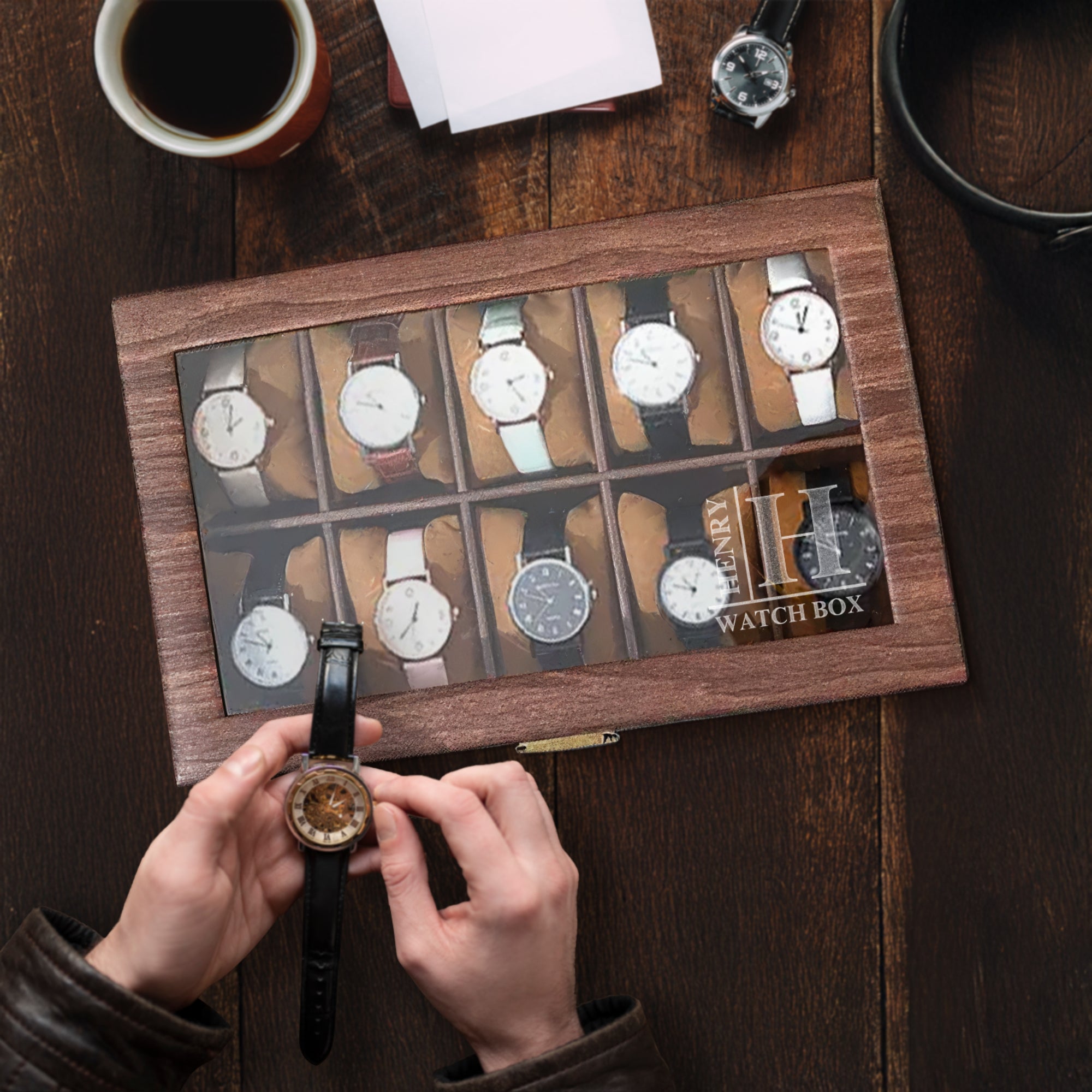 Personalised Two Drawer Wooden 20 Watch Slots Display Box, Custom Engraved Men Accessories Storage Jewelry Case Organiser Christmas Dad Gift