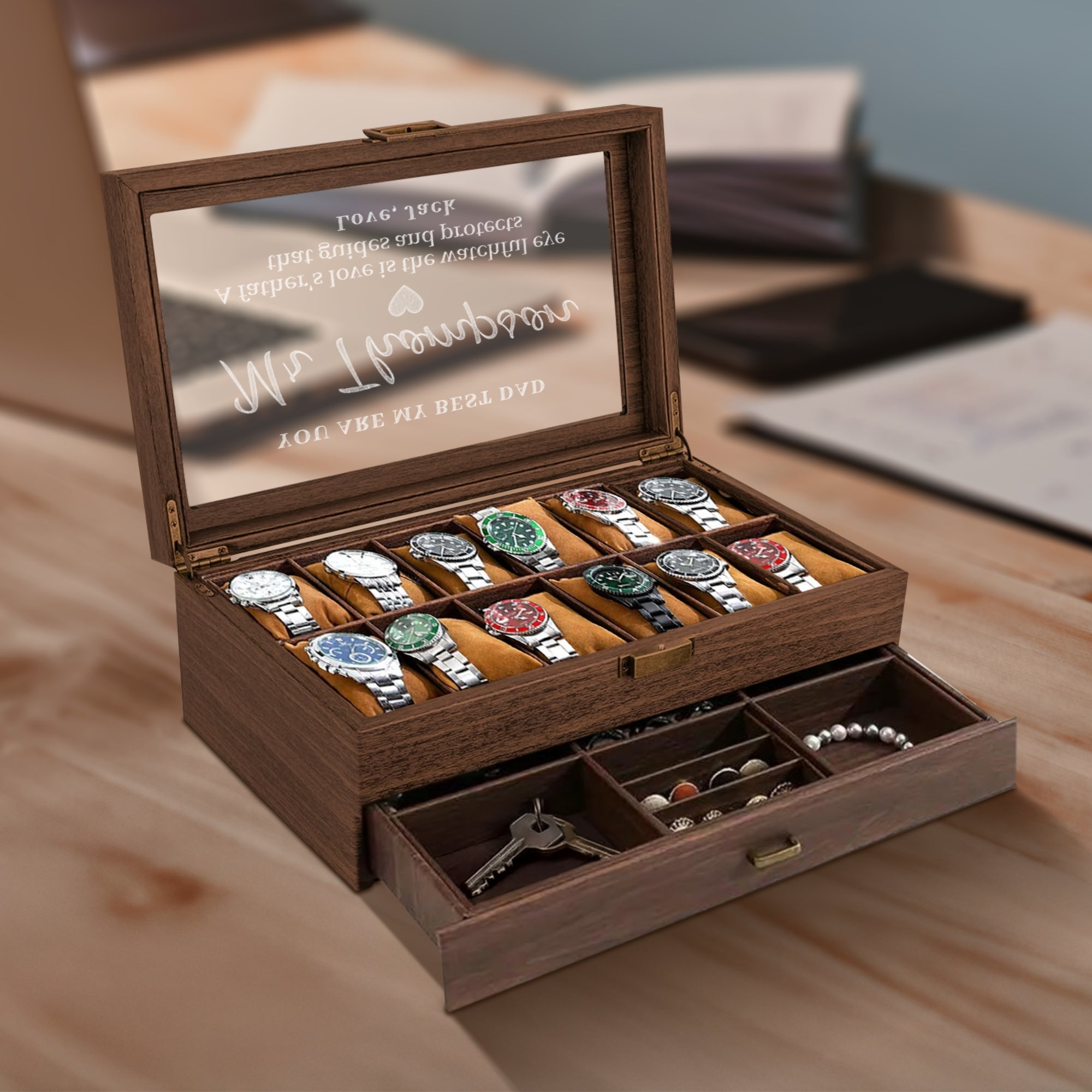 Personalised Two Drawer Wooden 12 Watch Slots &amp; Accessories Display Box, Custom Engraved Men Jewelry Storage Case, Christmas Dad Gift