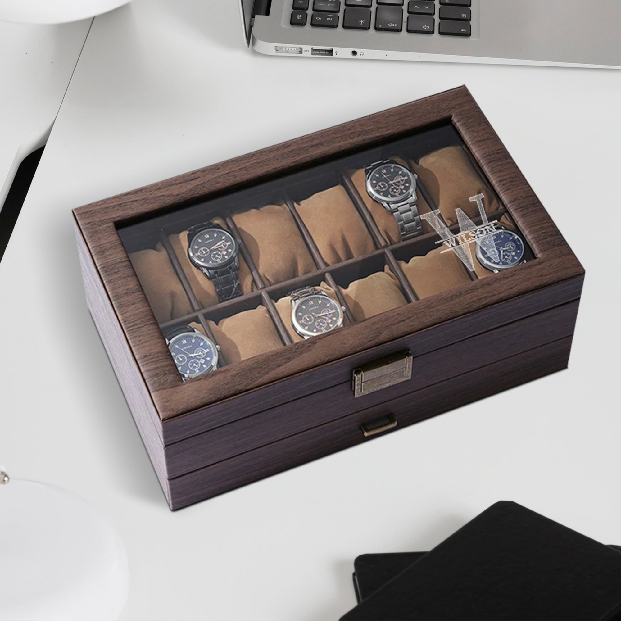 Personalised Two Drawer Wooden 12 Watch Slots &amp; Accessories Display Box, Custom Engraved Men Jewelry Storage, Organiser Case, Xmas Dad Gift
