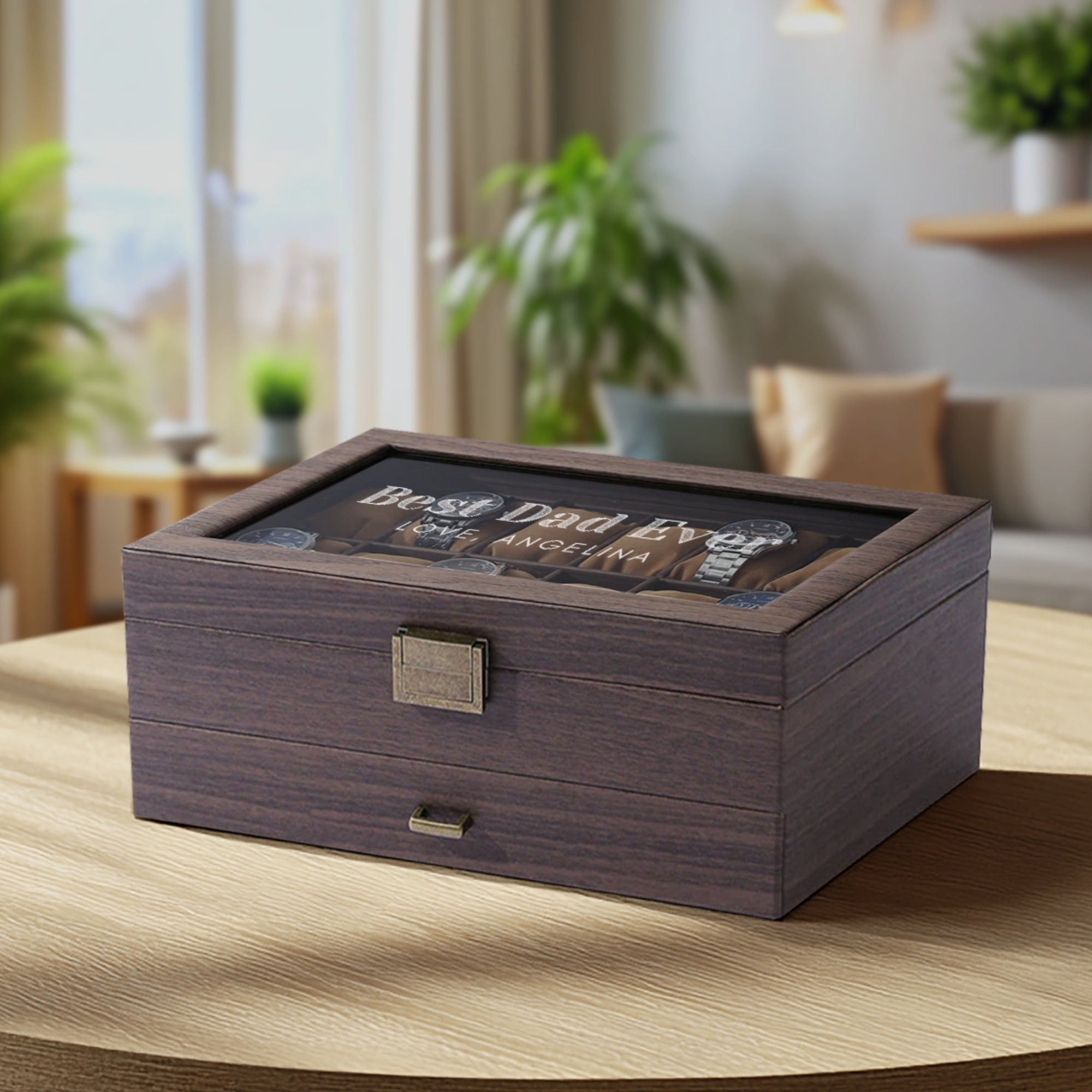 Personalised Two Drawer Wooden 12 Watch Slots &amp; Accessories Display Box, Custom Engraved Men Jewelry Storage, Organiser Case, Xmas Dad Gift