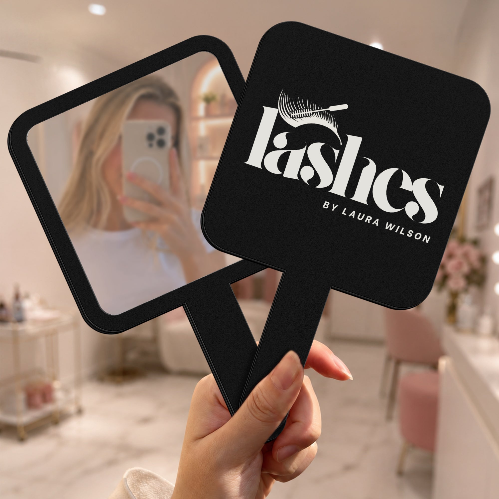 Personalised UV Printed Brand Business Logo Acrylic Handheld Mirror - Hair, Barbershops, Lash Brow, Makeup Cosmetic Spa Dental Beauty Clinic